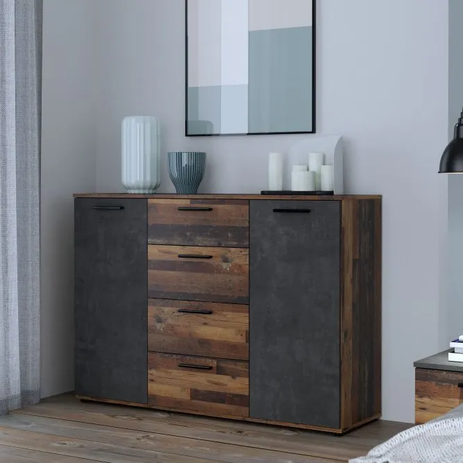 Komoda CLIF 2-drzwiowa z 4 szufladami - old wood vintage, ciemny beton - HLNK26-C754