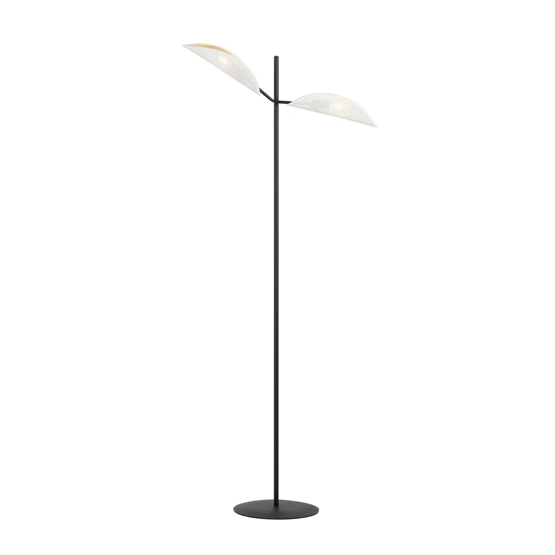lampa stojąca, podłogowa, metalowy stelaż, podwójne klosze, czarna baza