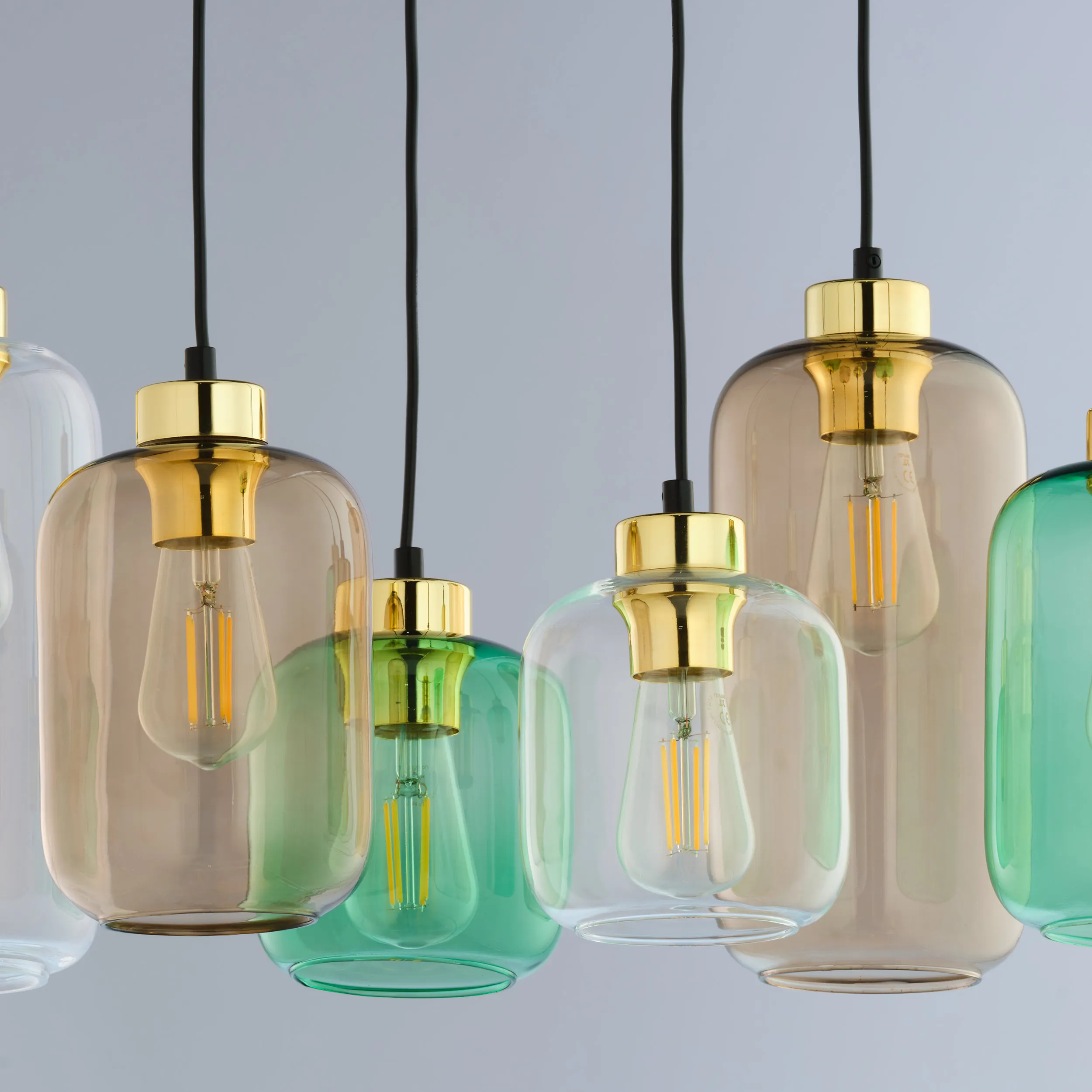 Lampa wisząca MARCO czarna ze złotymi elementami różnokształtne i różnokolorowe klosze transparentne brązowe i zielone 130x66x31cm - TK_3328