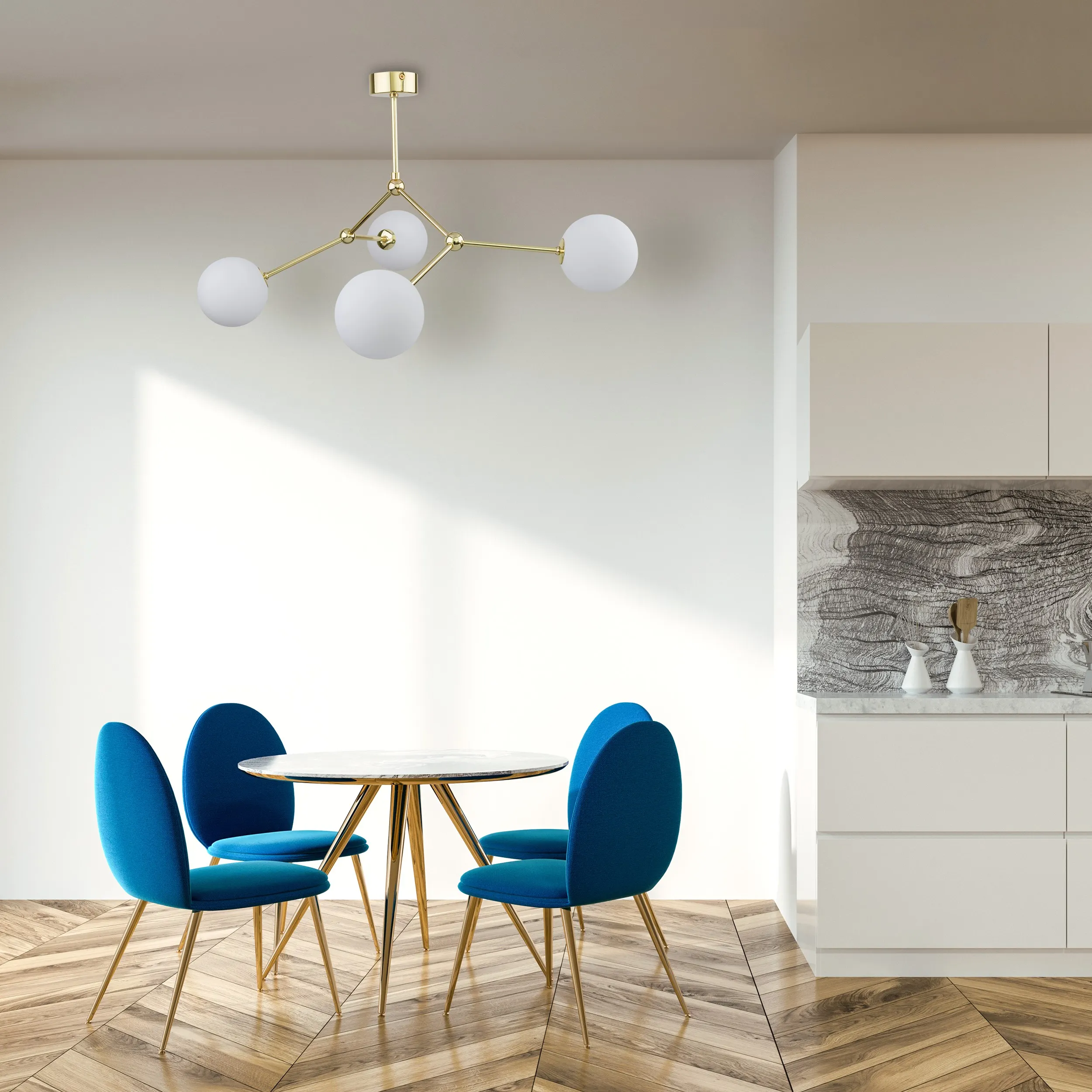 Lampa sufitowa FAIRY złota z białymi okrągłymi szklanymi kloszami 66x49x44cm - TK_6470