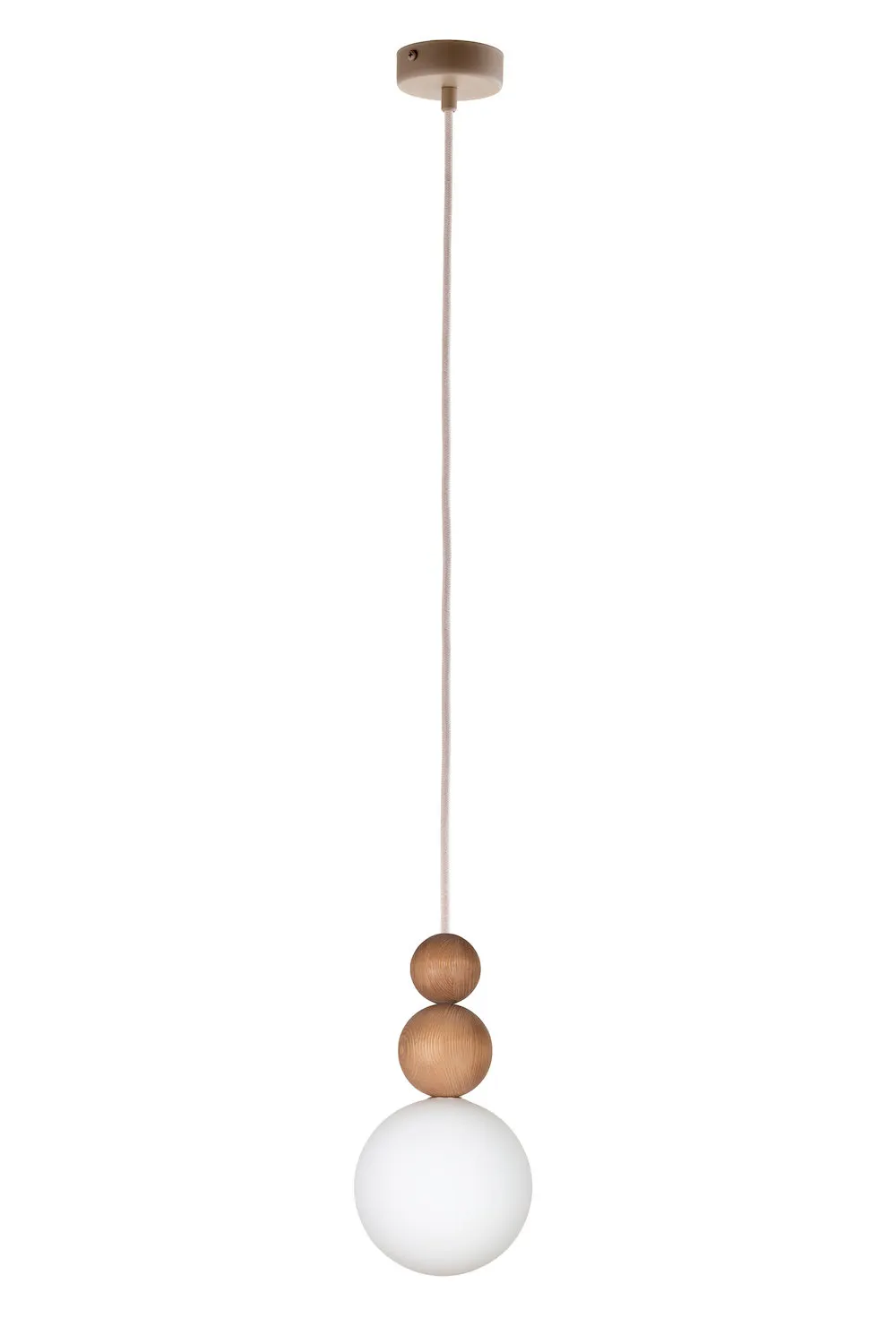 lampa wisząca, kula LED, drewniane koraliki, bombka szklana, wiązka wisząca
