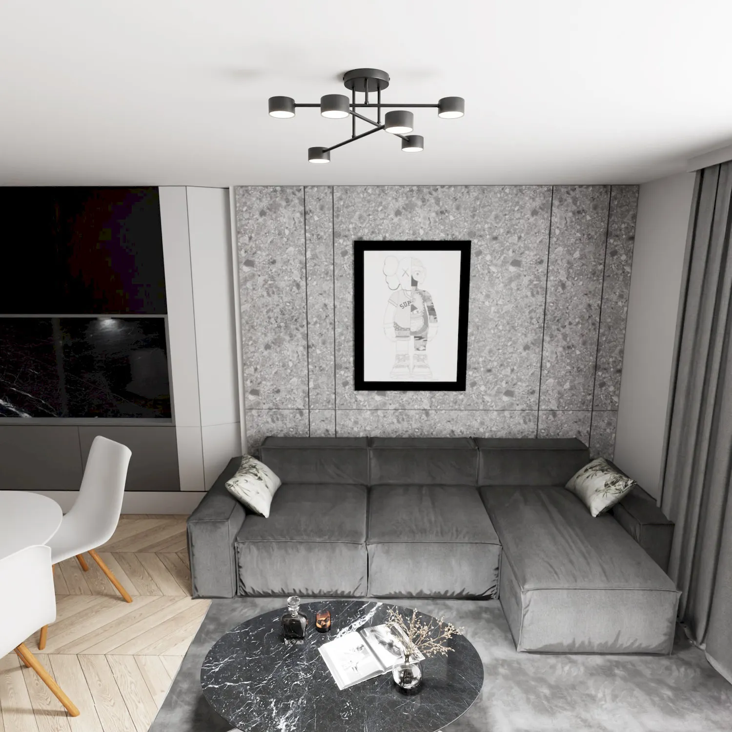 sofa, living room, szary, sofа narożny, stół z marmuru
