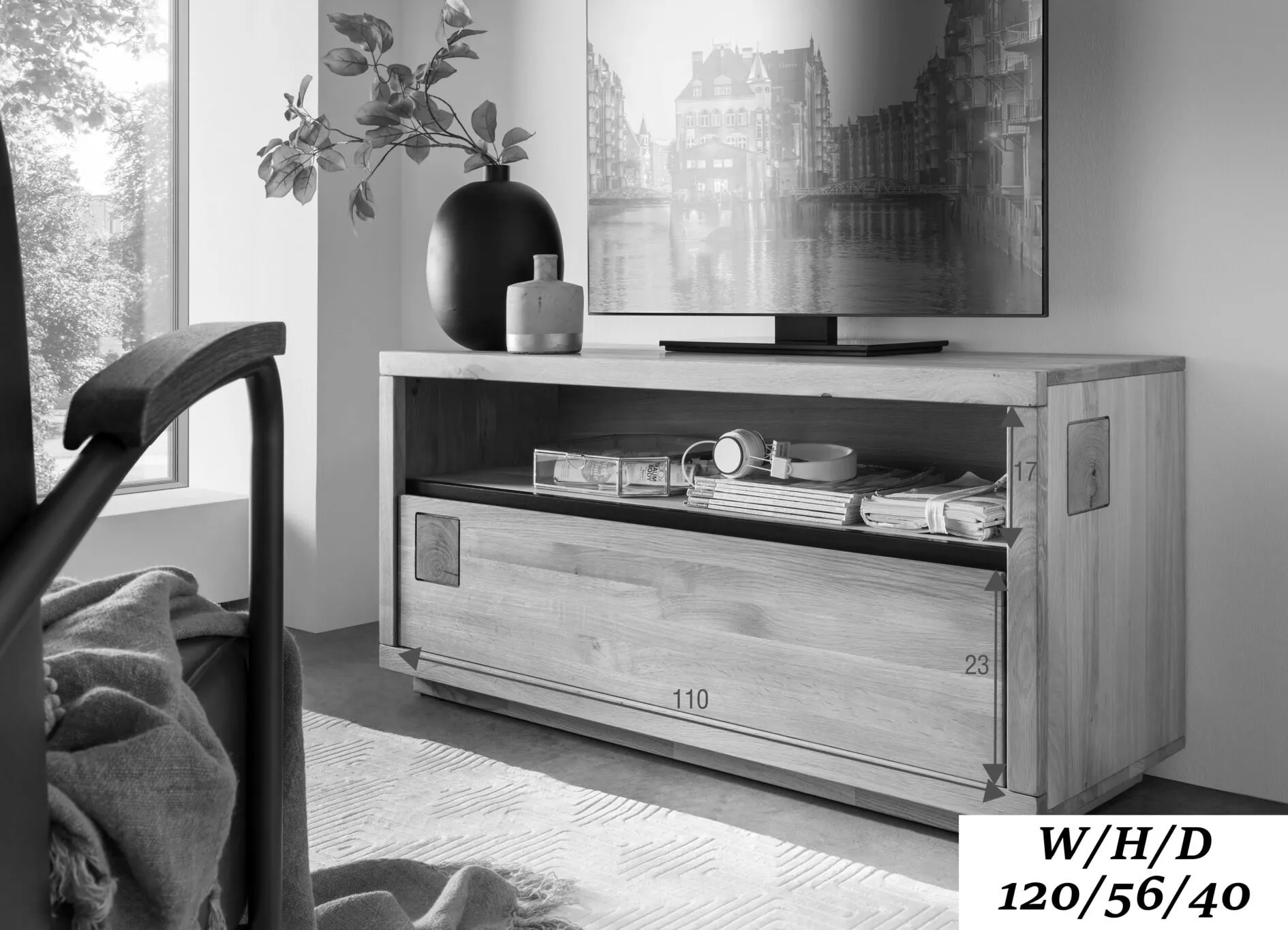 Szafka rtv dębowa HALLOW 120x56 z szufladą i półką dąb olejowany, czarny - GK_1031595901