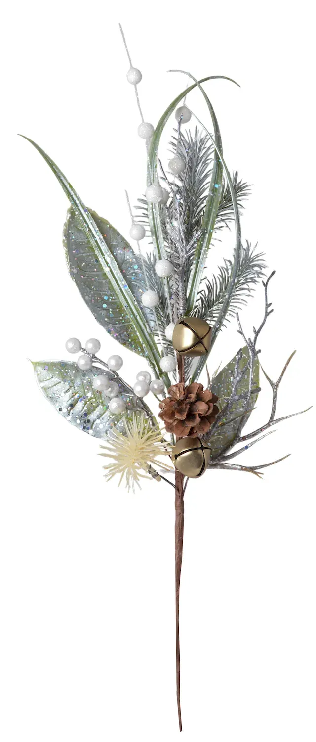 Gałązka z brokatem, dzwonkami i białymi owocami 3220 zielona