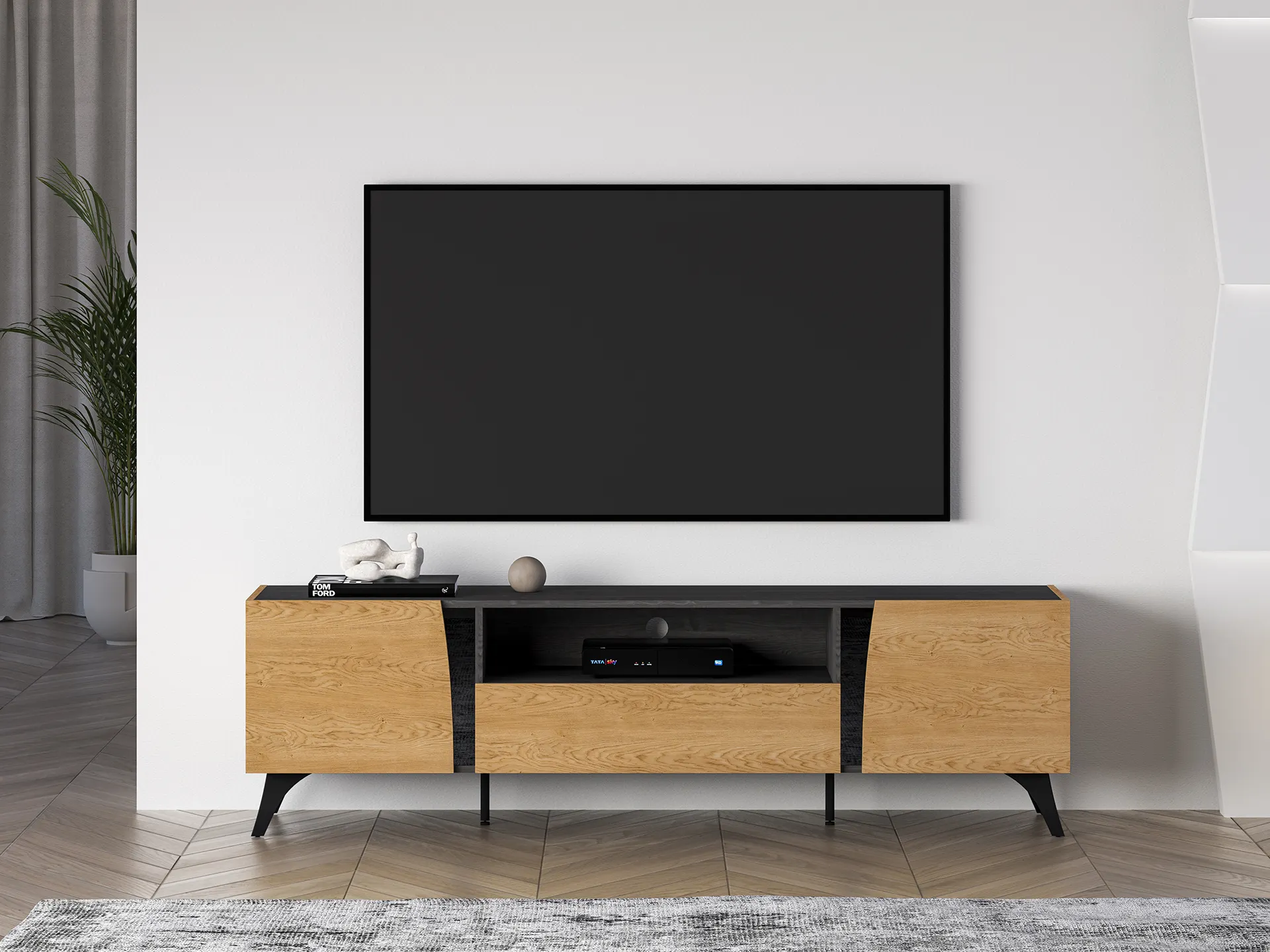 Szafka RTV 2-drzwiowa z szufladą TOSCANIA 06 dąb baltic dune jesion prestige czarny - 1TOSC06-001