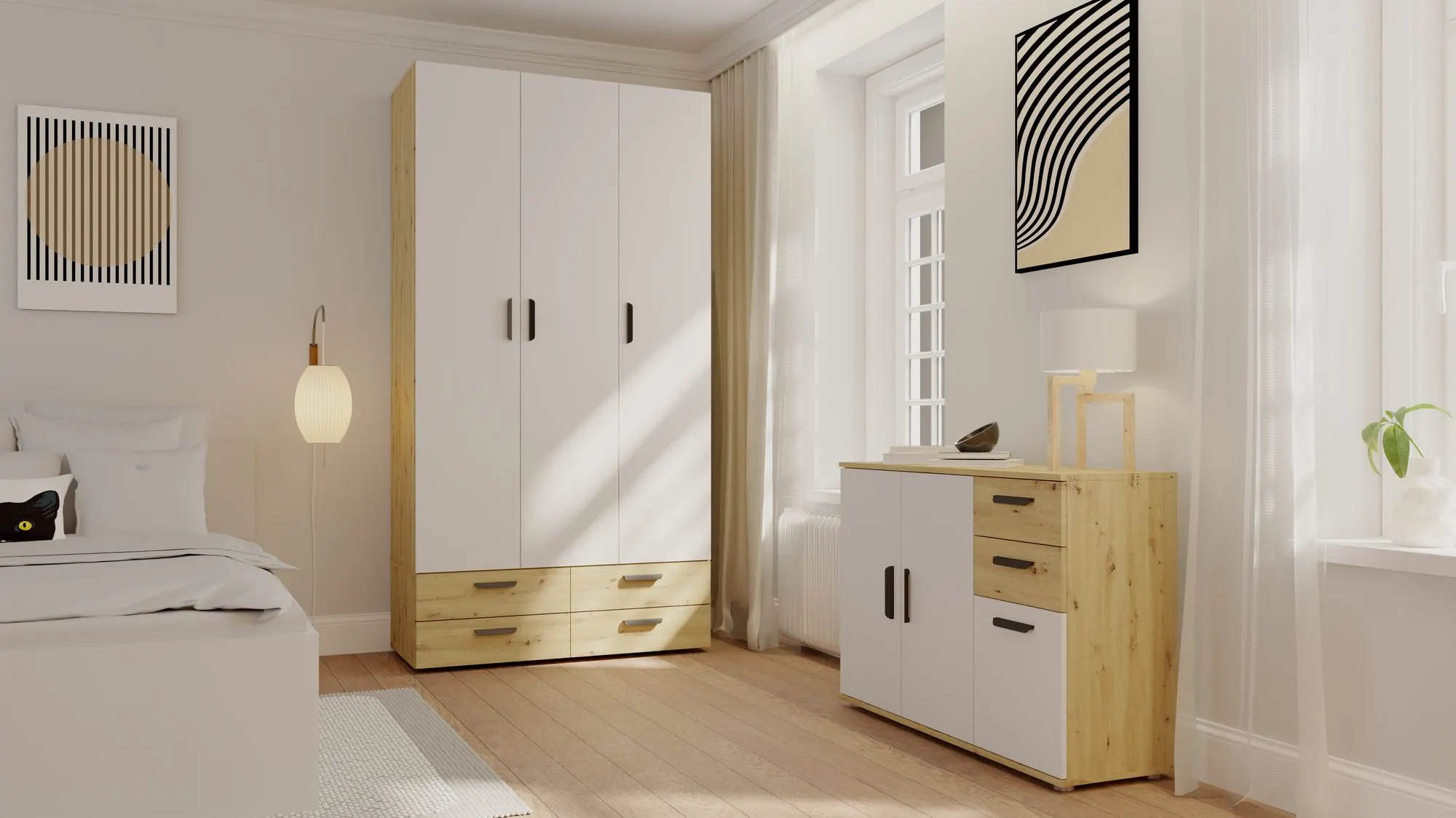 Komoda 3-drzwiowa z 3 szufladami BASIC TWO dąb artisan biały