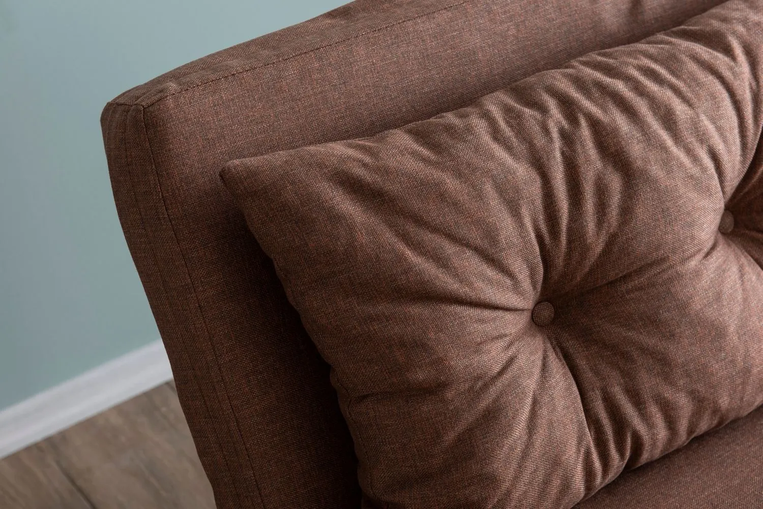 Sofa rozkładana 2-osobowa z lnianą tapicerką SANDO jasnobrązowa — zdjęcie 7