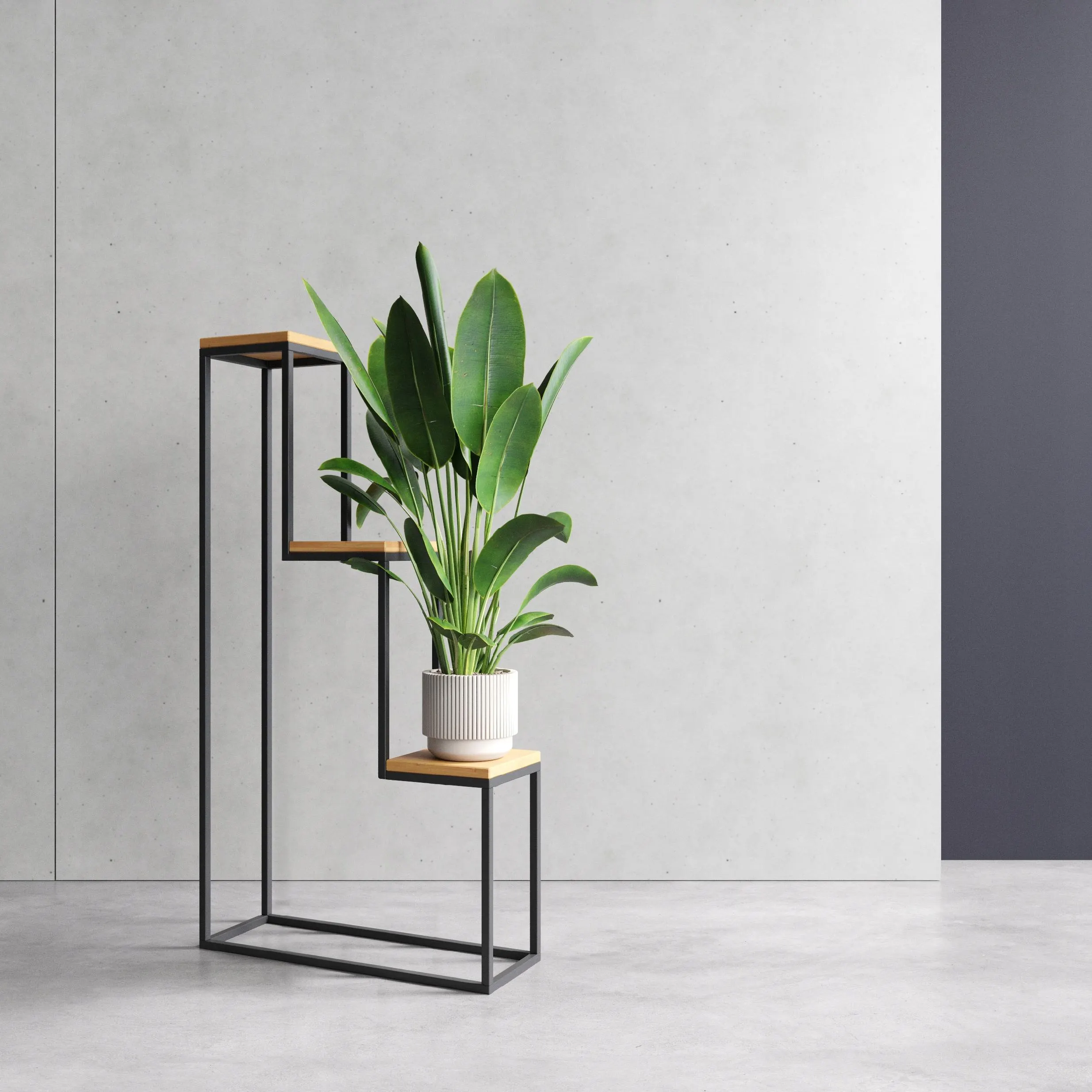 Kwietnik stojący 3-poziomowy NICEA L metal drewno czarny naturalny - LD_TZ000050