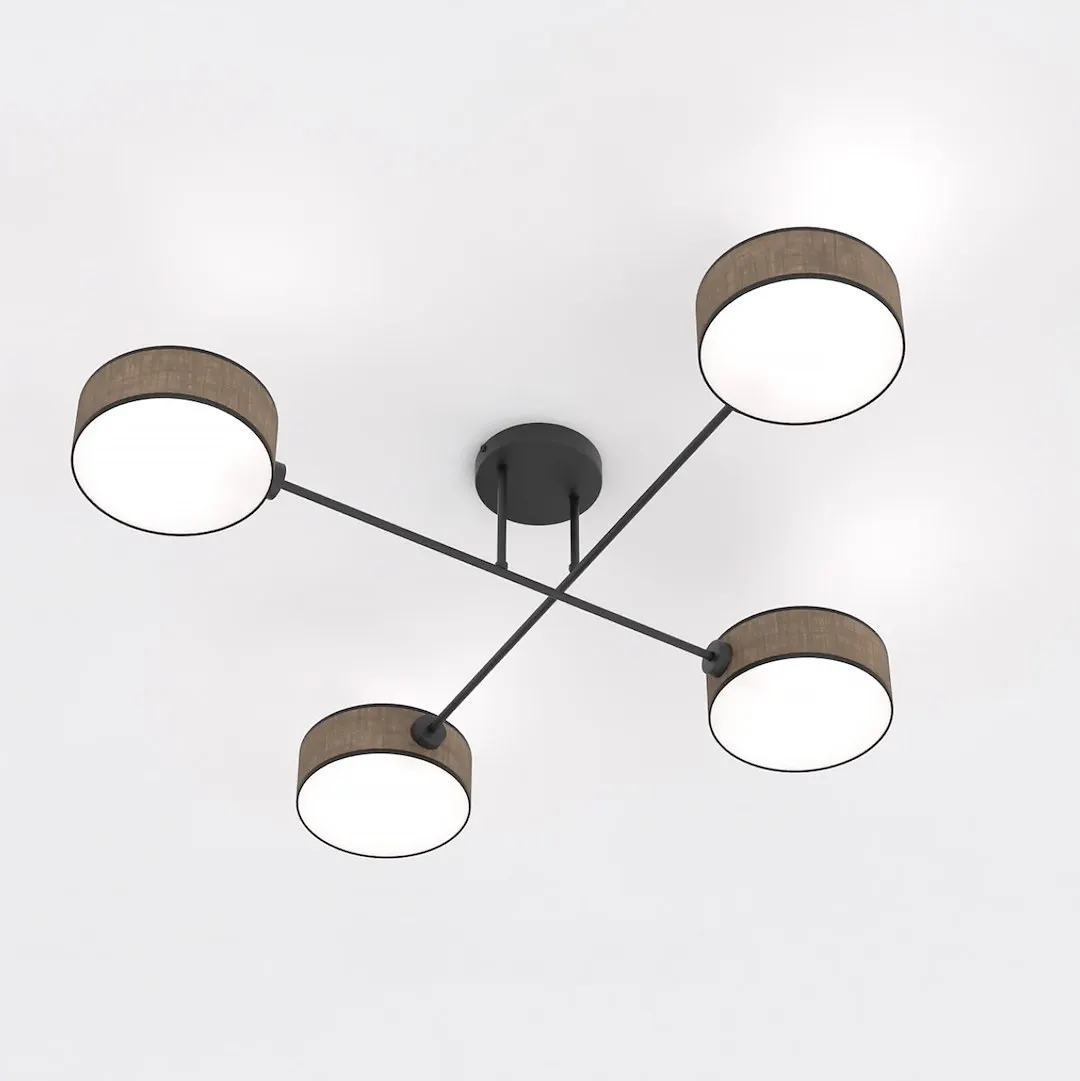 lampa sufitowa, cztery lampy, czarna konstrukcja, klosze materiałowe, design industrialny