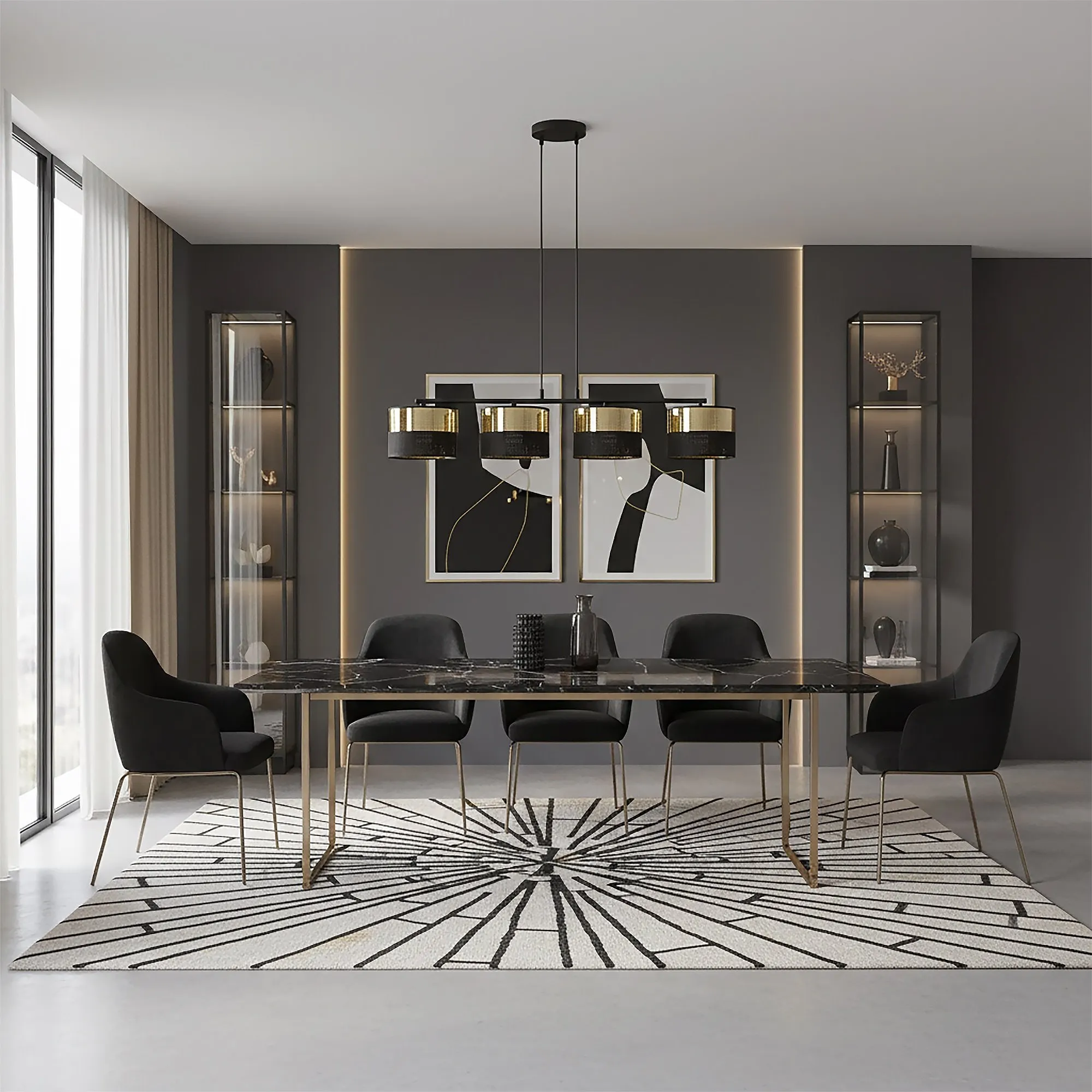 image jadalnia, stół marble, krzesła tapicerowane, lampa wisząca, dywan geometryczny