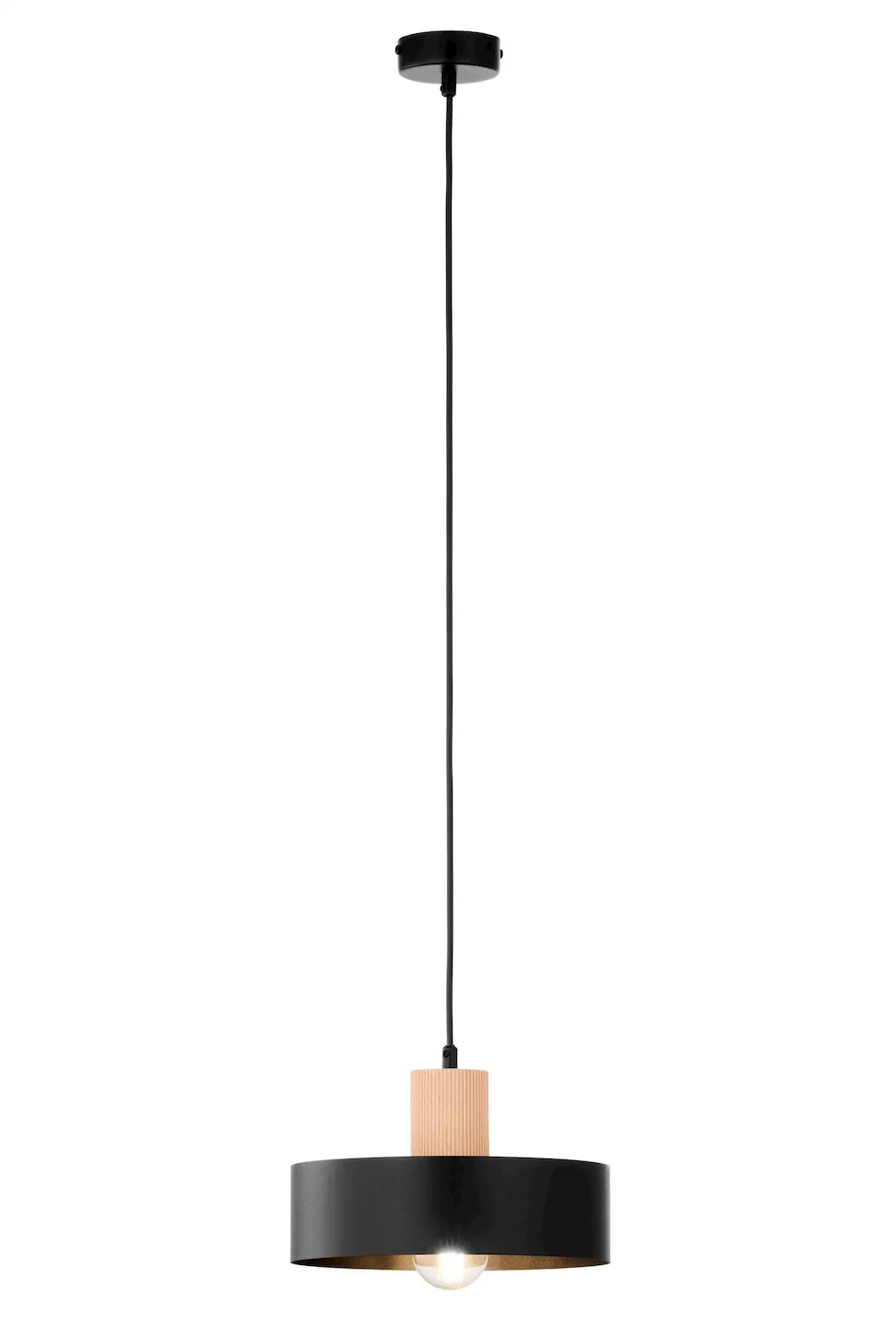 lampa wisząca, czarna lampa, metalowy klosz, drewniany akcent, źródło światła LED/żarówka