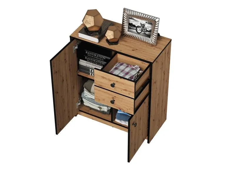 Komoda 2-drzwiowa z 2 szufladamii LOFT 01 Dąb artisan, Czarny 72x83 - LOFT01