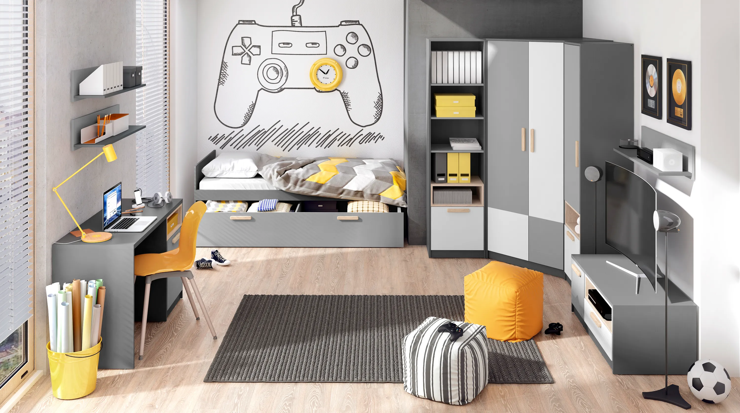 Biurko Pok PO-09 120cm grafit/buk ibsen/szary jasny - PO9GBS