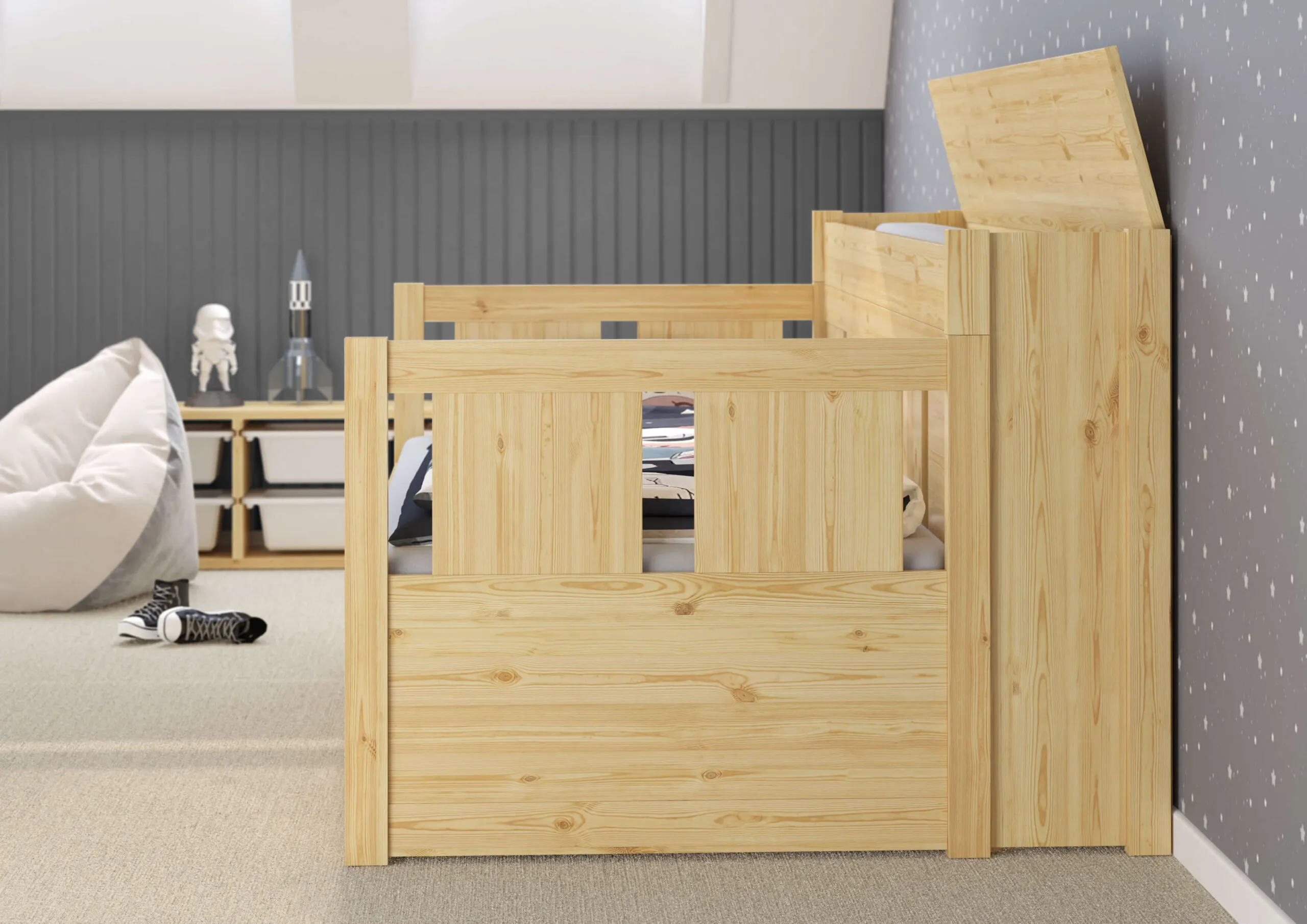 Łóżko drewniane rozkładane MOON 90x200 z oparciem naturalne - LMOONSOS90