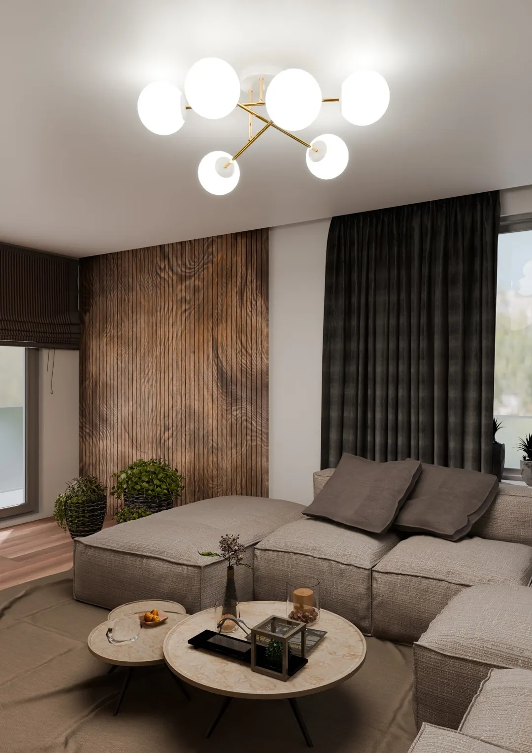 image lampa sufitowa, kula światła, salon, sofa modułowy, kawowy stolik