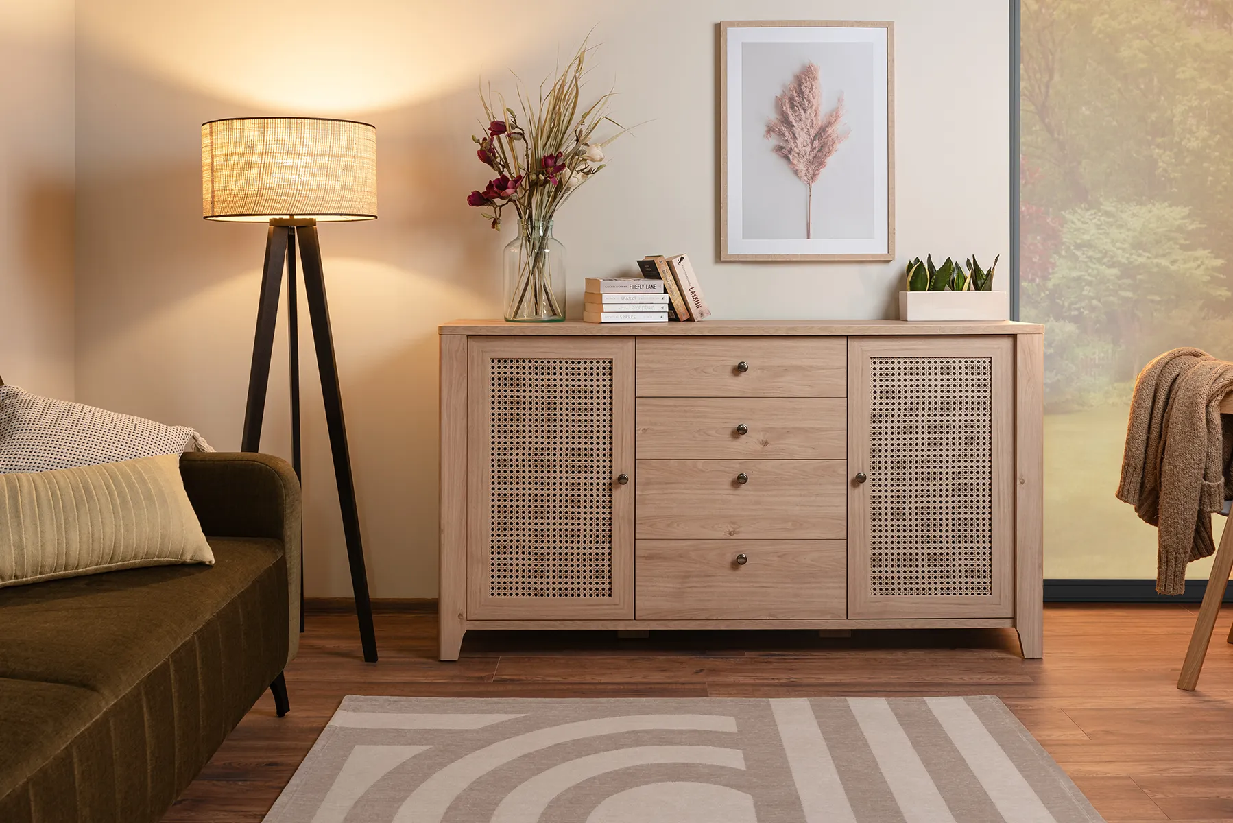 Komoda 2-drzwiowa z szufladami CESTINO 164 cm rattan/dębowy laminat - 6000000010974