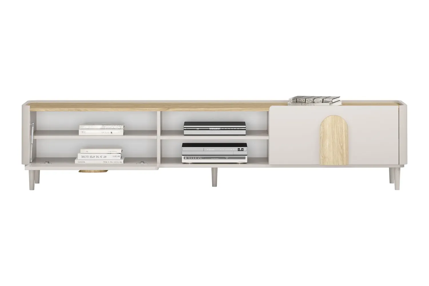 Safka RTV z klapą i szufladą AMILIO 220 - cashmere dąb olejowany uchwyty dąb jasny nogi cashmere - B_169218