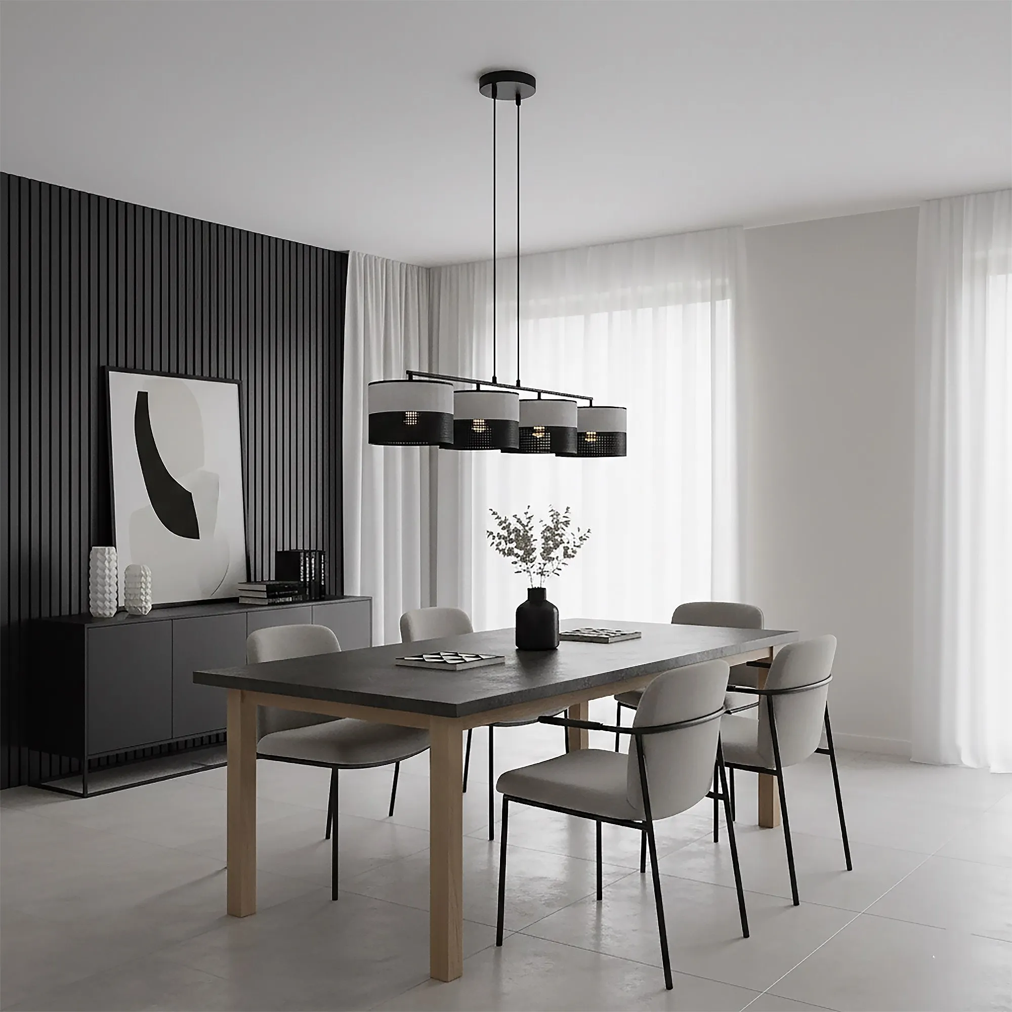 salonowy stół, stół drewniany, czarne krzesła, lampa nad stołem, minimalistyczny wystrój