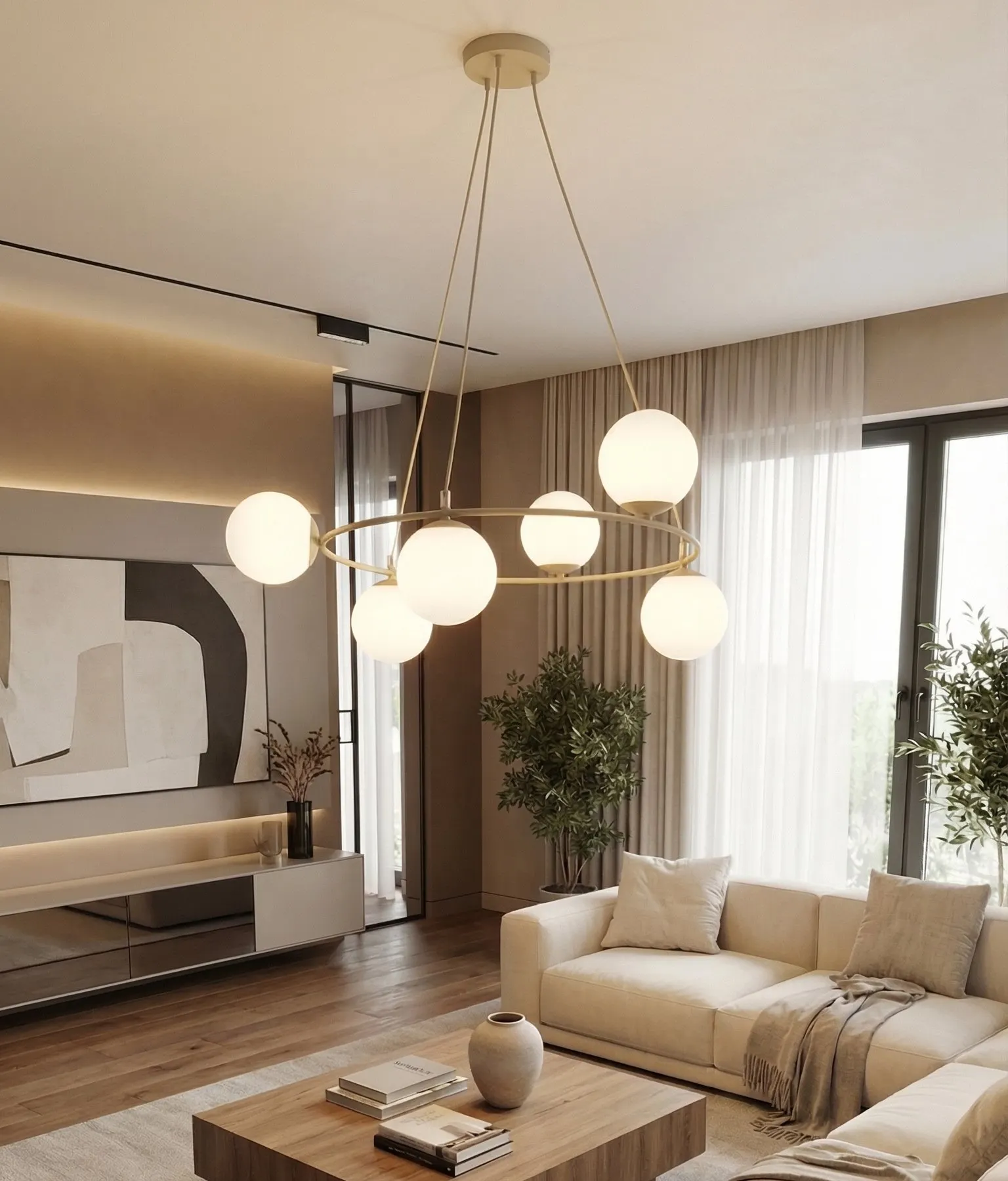 image lampa wisząca, globowa lampa, kula LED, salon, żywe światło