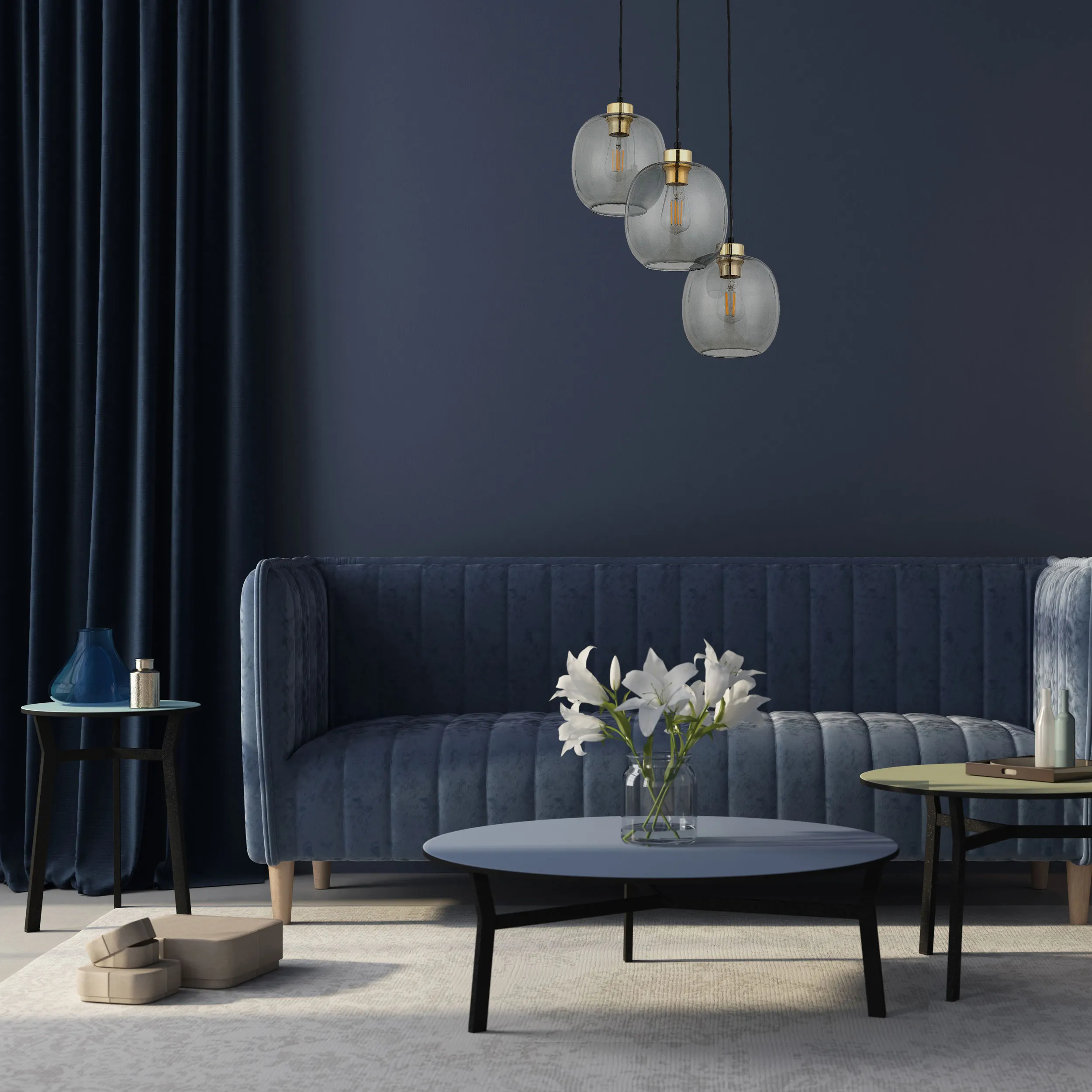 Lampa wisząca OMEGA czarna ze złotymi elementami szare przyciemniane okrągłe szklane klosze 100x52cm - TK_4573