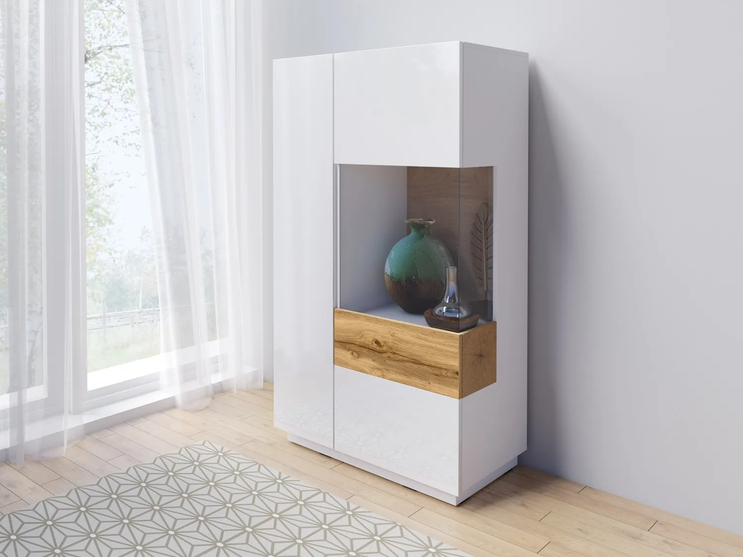 Komoda SILKE 44 wysoka dwudrzwiowa przeszklona biała dąb wotan 139x80x40cm - 247JGY44