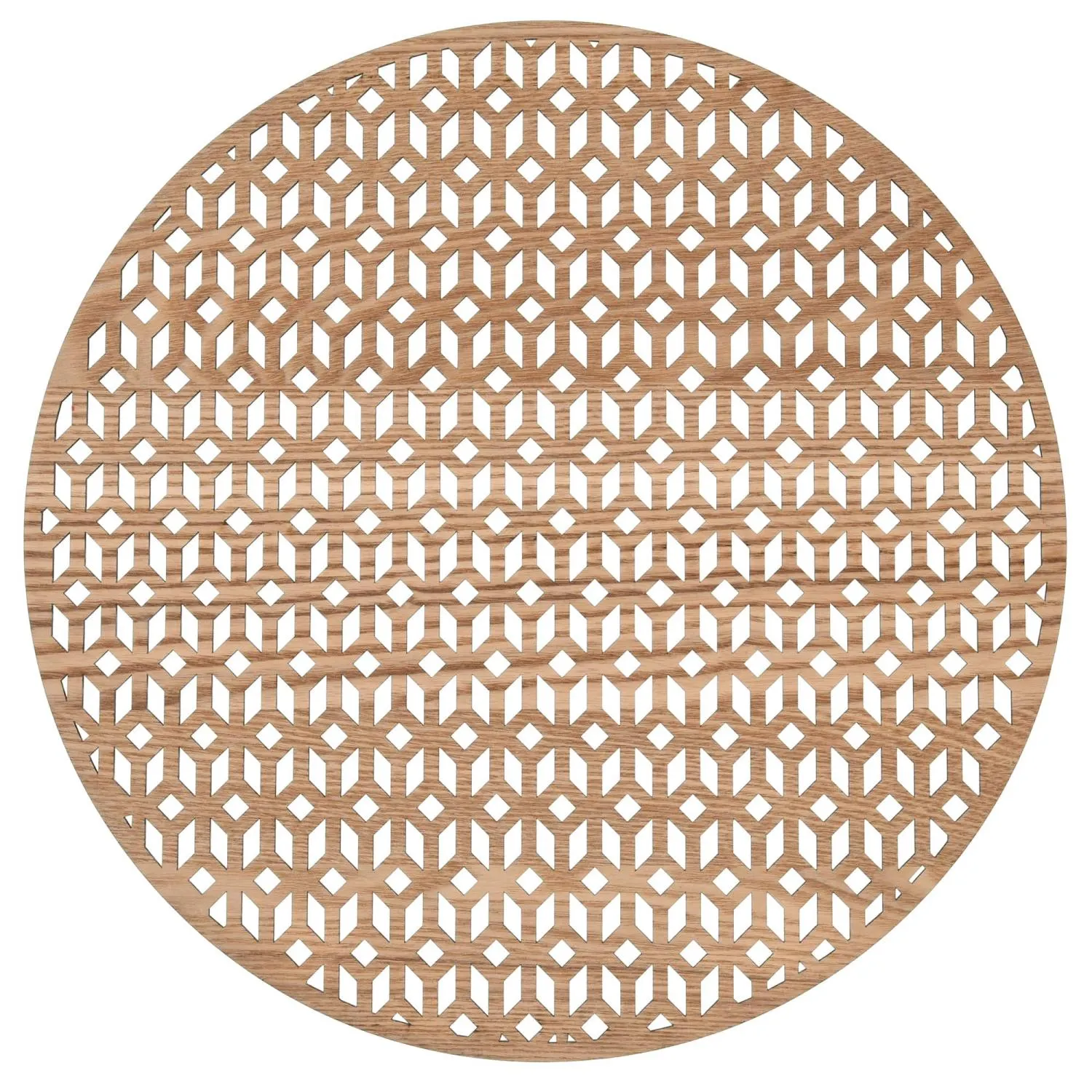 drewniany blat, okrągły stół, geometriczny wzór, perforowany, drewniana tkanina