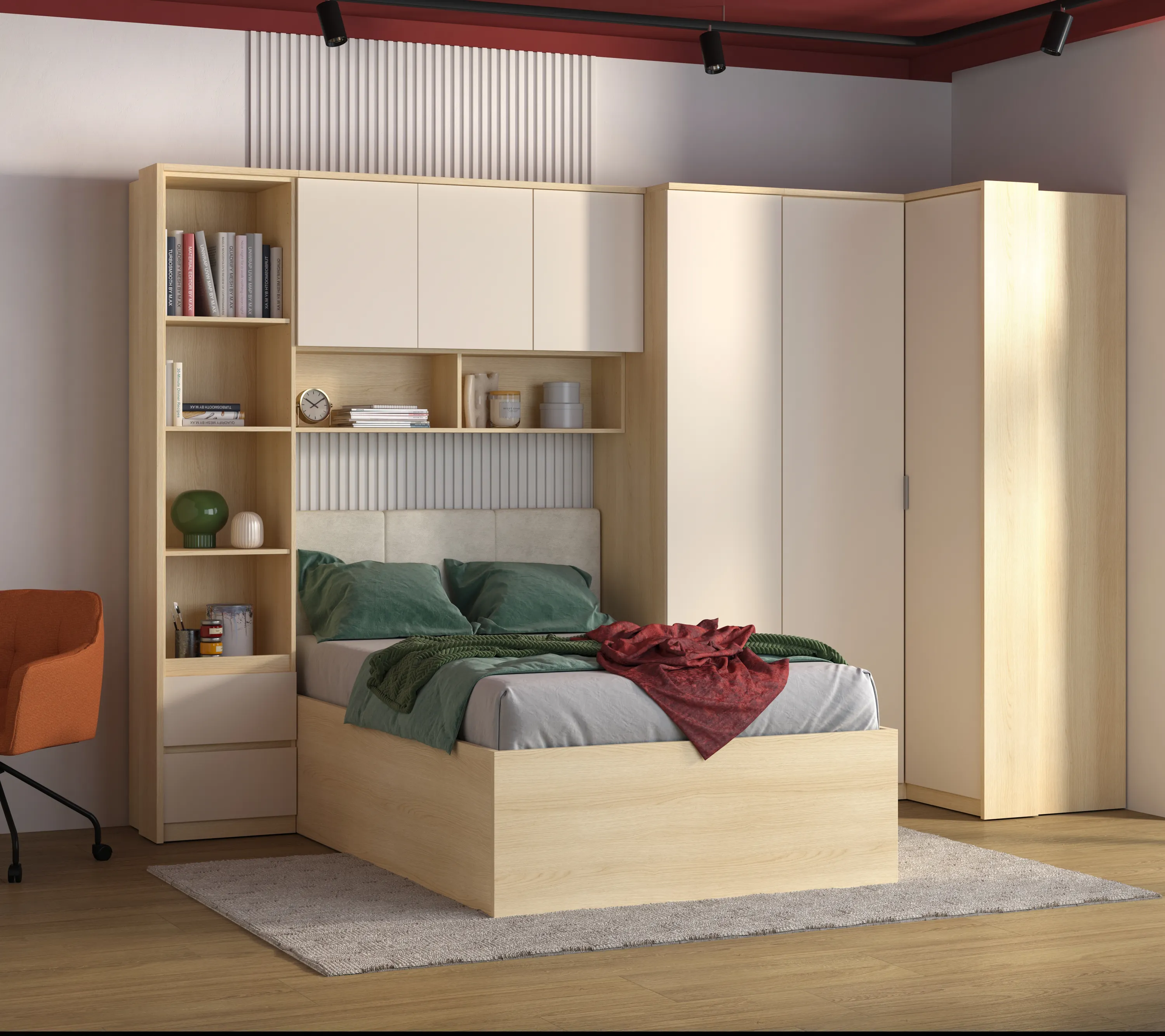 postelnia, łóżko, szafa, regał, szafa z zabudową