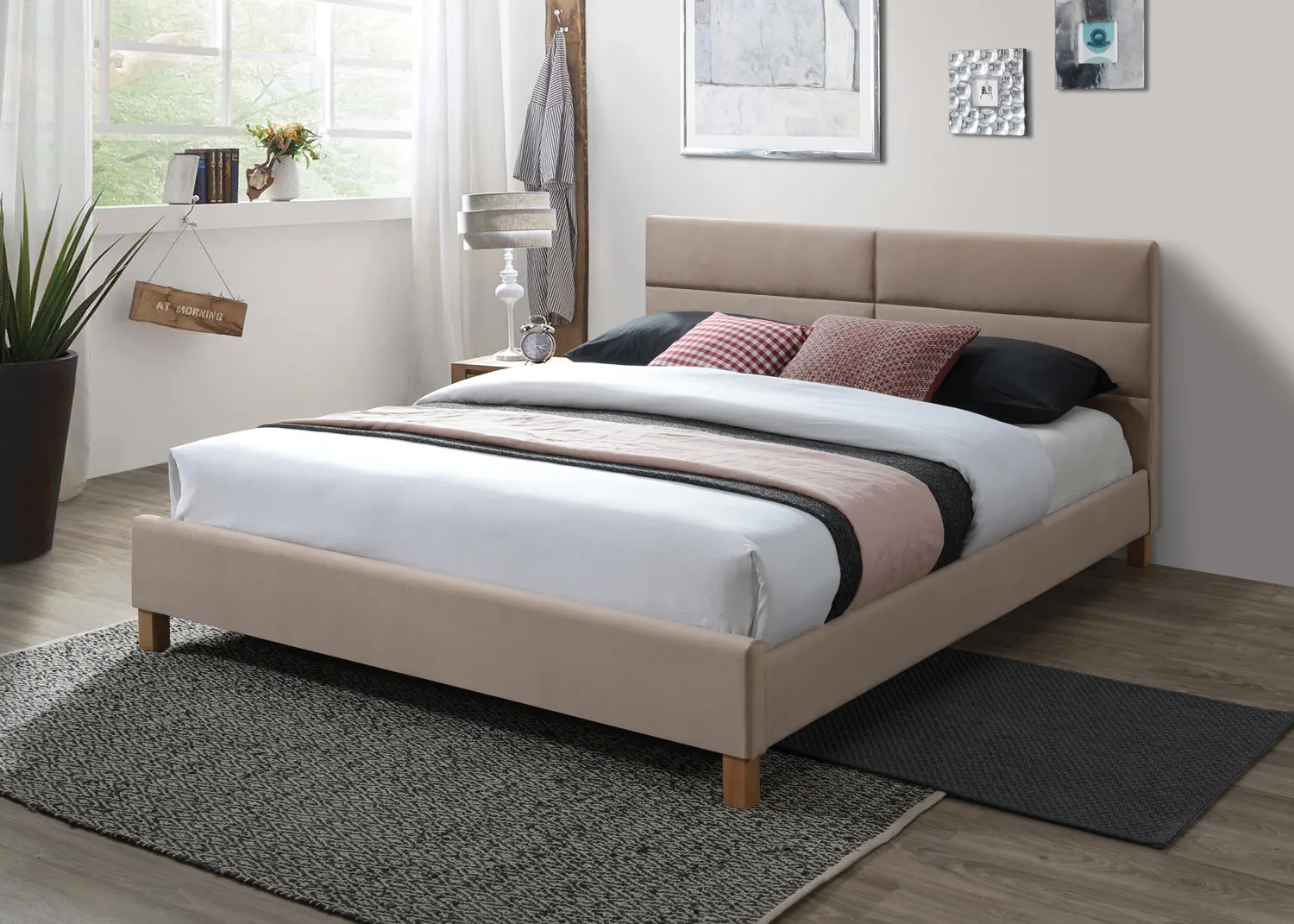 Łóżko z zagłówkiem SIERRA VELVET 120x200 Bluvel 28 beżowy nóżki drewniane Signal