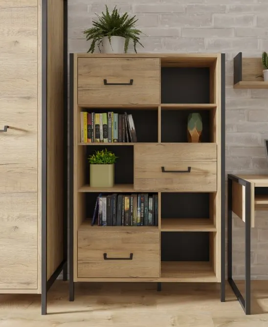 Regał niski z 3 szafkami ORIENTAL TREE Dąb Bartex, czarny - HUDR424-M524