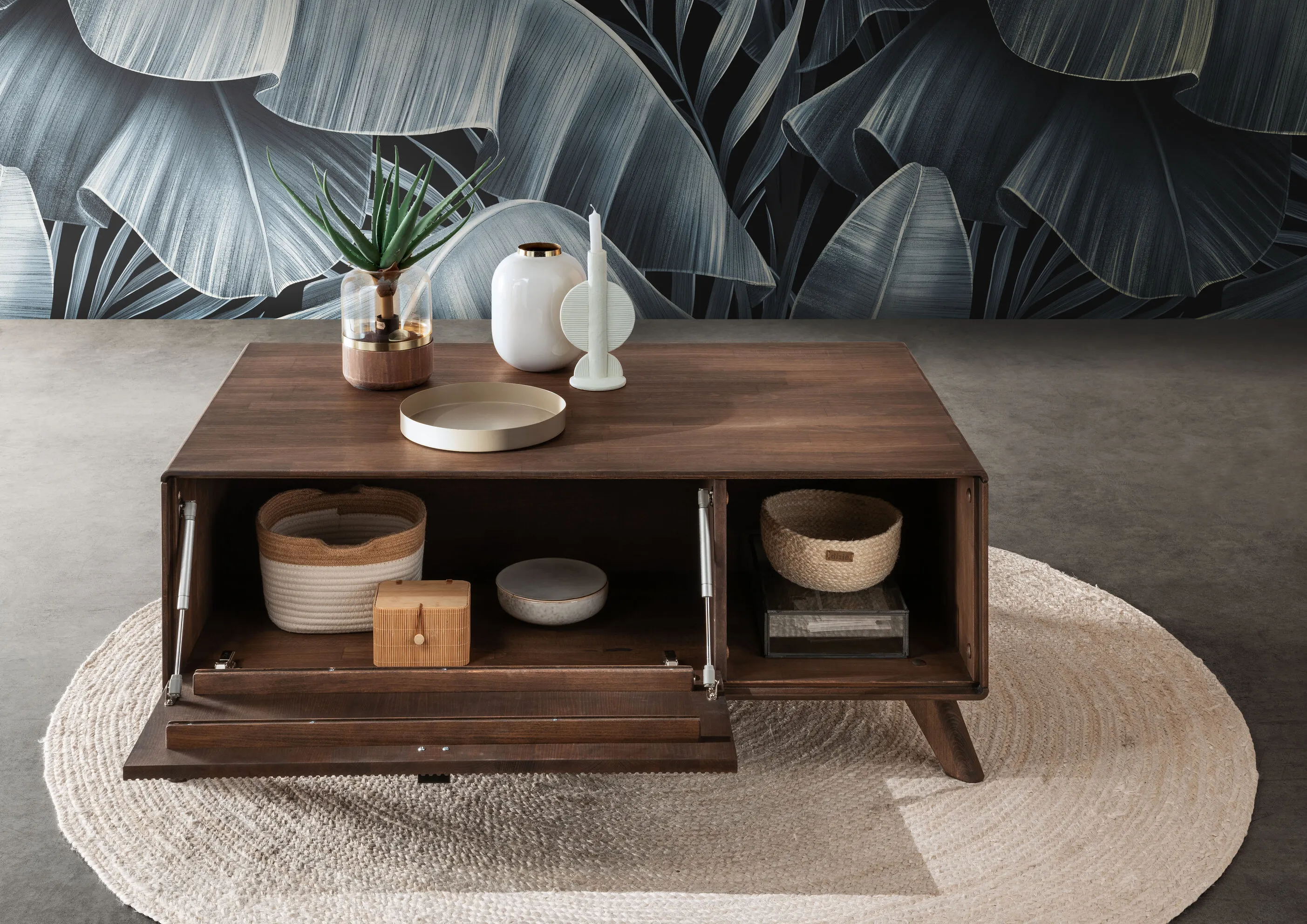 Stolik drewniany ryflowany BLISS 118x70 z półką i szafką - GK_103624130102