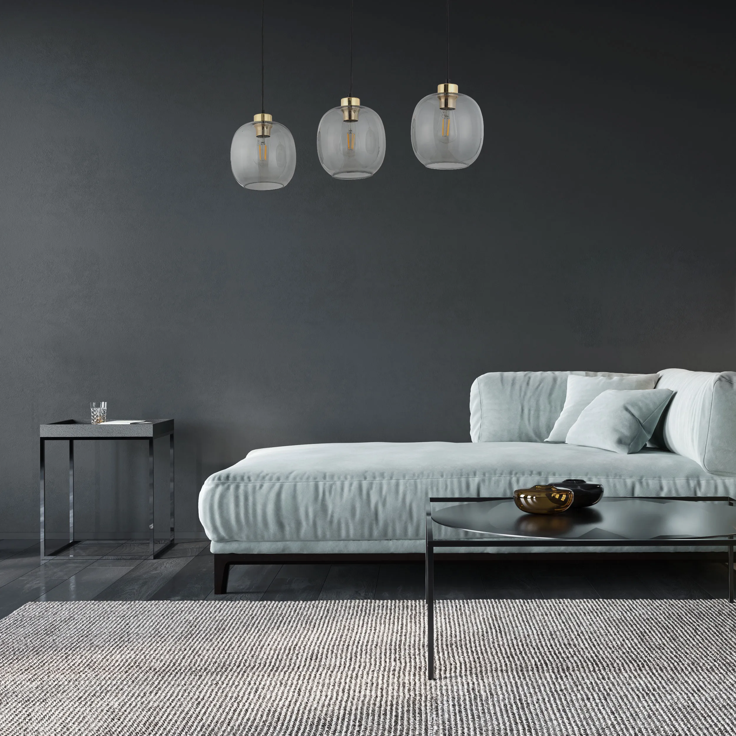 Lampa wisząca OMEGA czarna na metalowej listwie złote elementy szare okrągłe szklane klosze 100x84x20cm - TK_4574