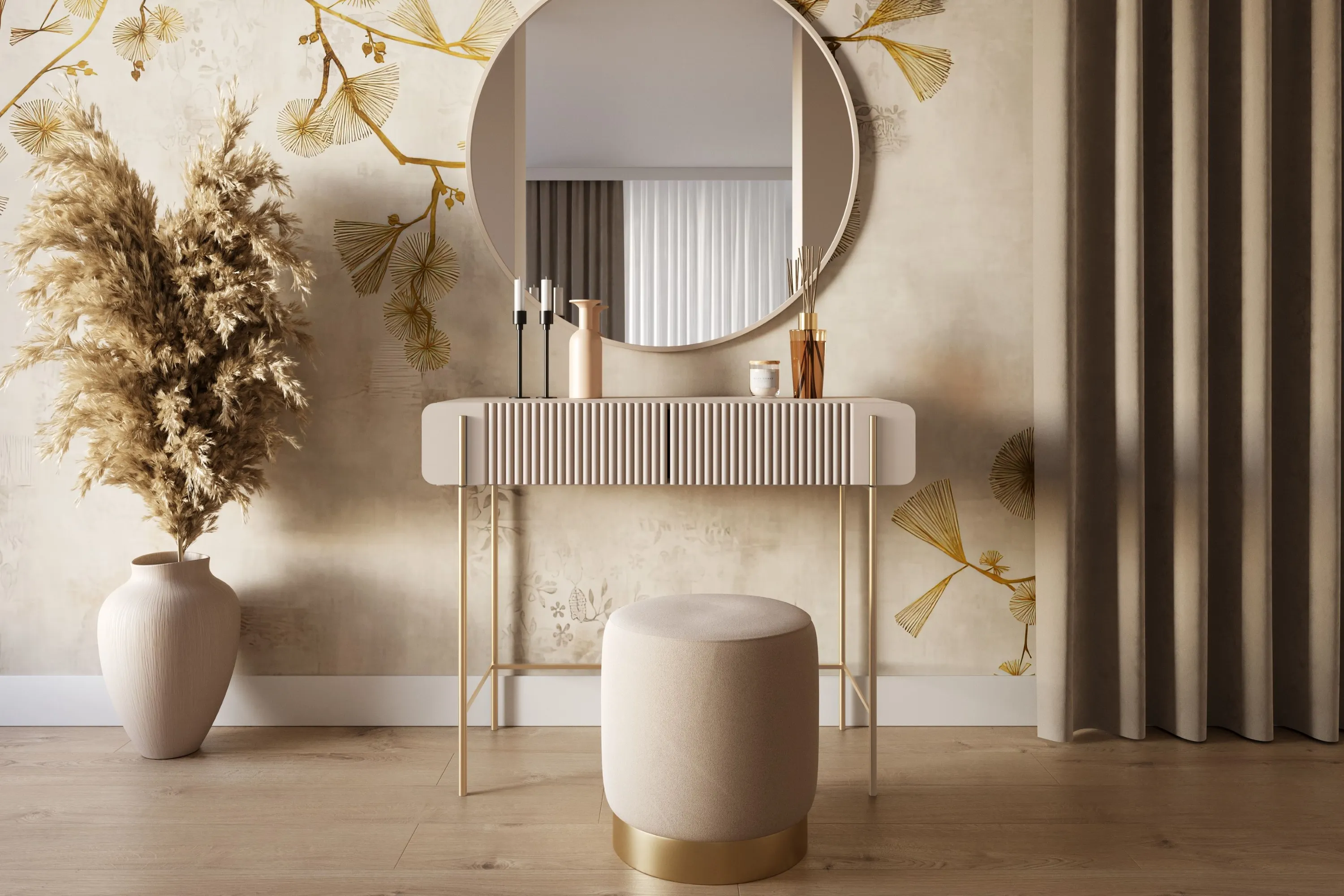 Toaletka z 2 szufladami MALMI ryflowany front 100cm - kaszmirowa - złoty stelaż - B_167008