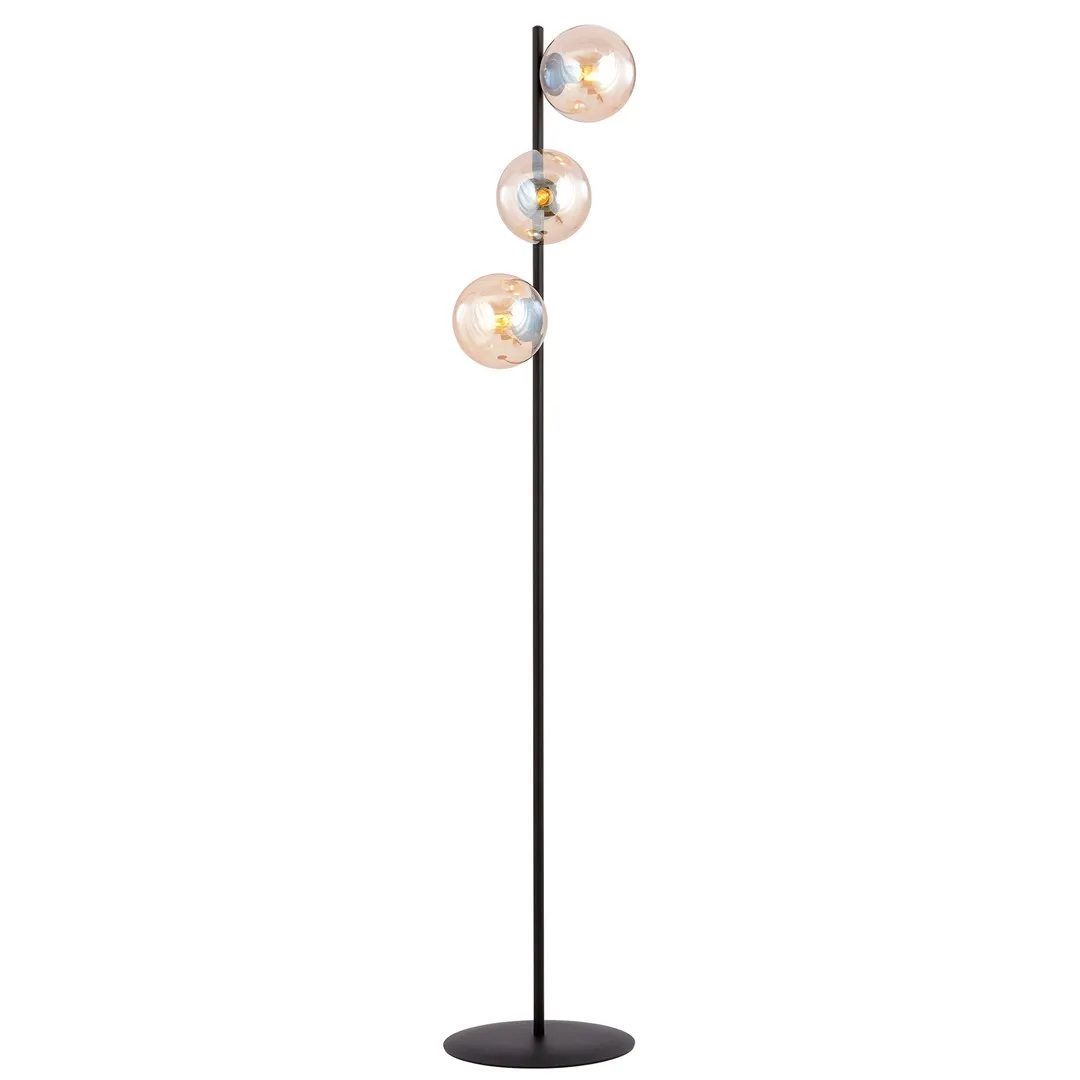 lampa stojąca, statywowa lampa, 3-light bulb, metalowy stojak, duże kuliste żarówki