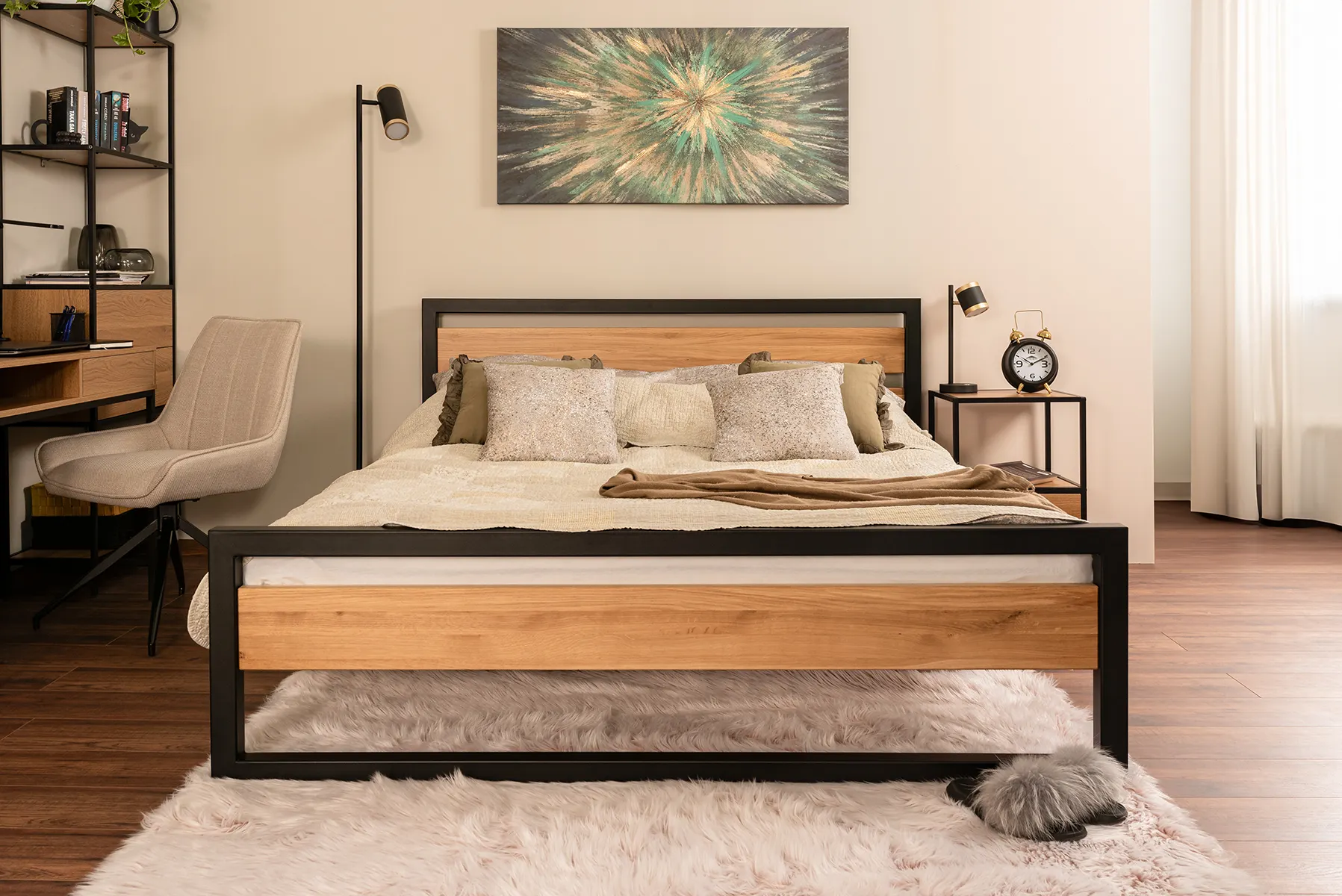 Łóżko metalowo - dębowe LK371 Surowy nielakierowany 160x200 DREWMAX - 46342