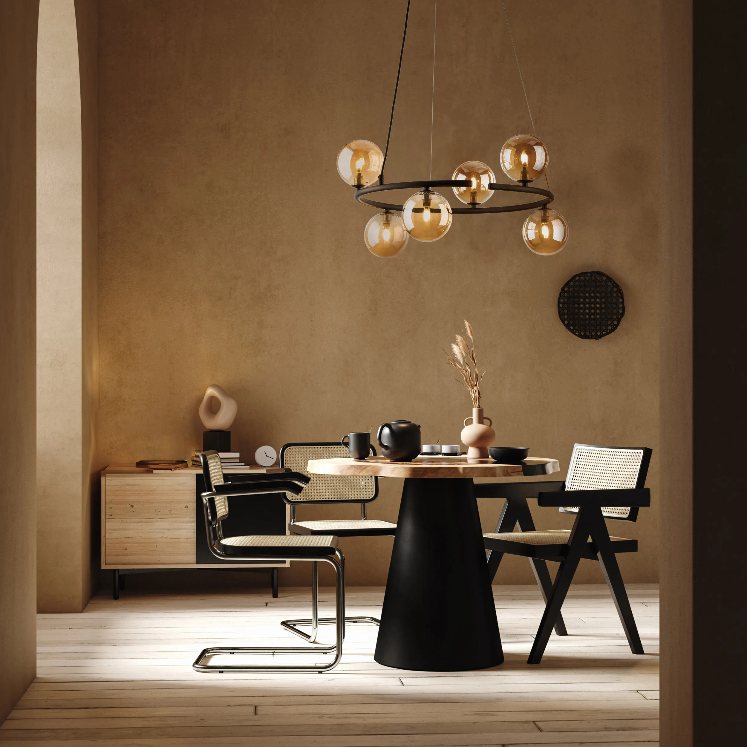 Lampa wisząca ANABELLE brązowa z brązowymi okrągłymi szklanymi kloszami 140x62cm - TK_6571