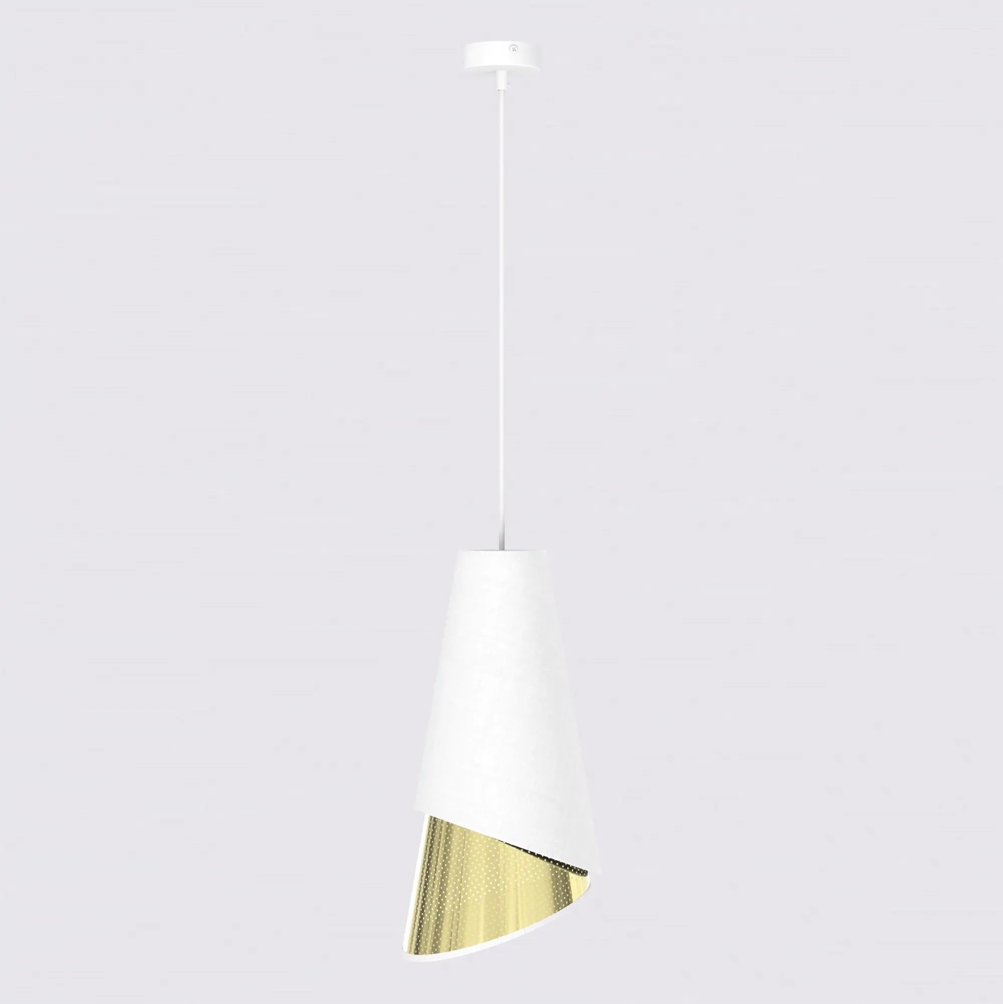lampa wisząca, pendant, biała abażur, metaliczny dzwonek, drewniany klosz