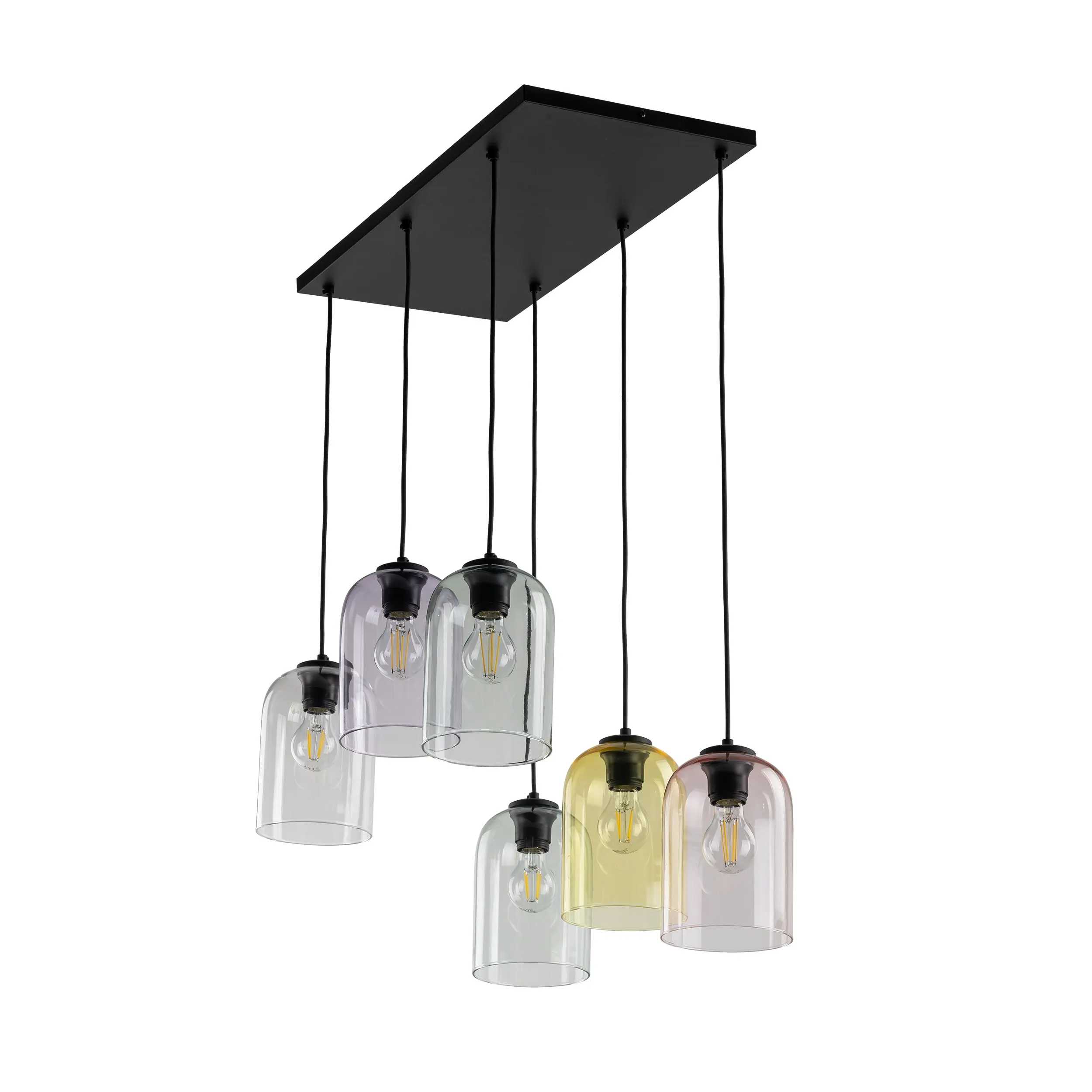 Lampa wisząca MOLLY czarna z różnokolorowymi transparentnymi fioletowymi różowymi żółtymi zielonymi szklanymi kloszami 150x58x38cm - TK_10302