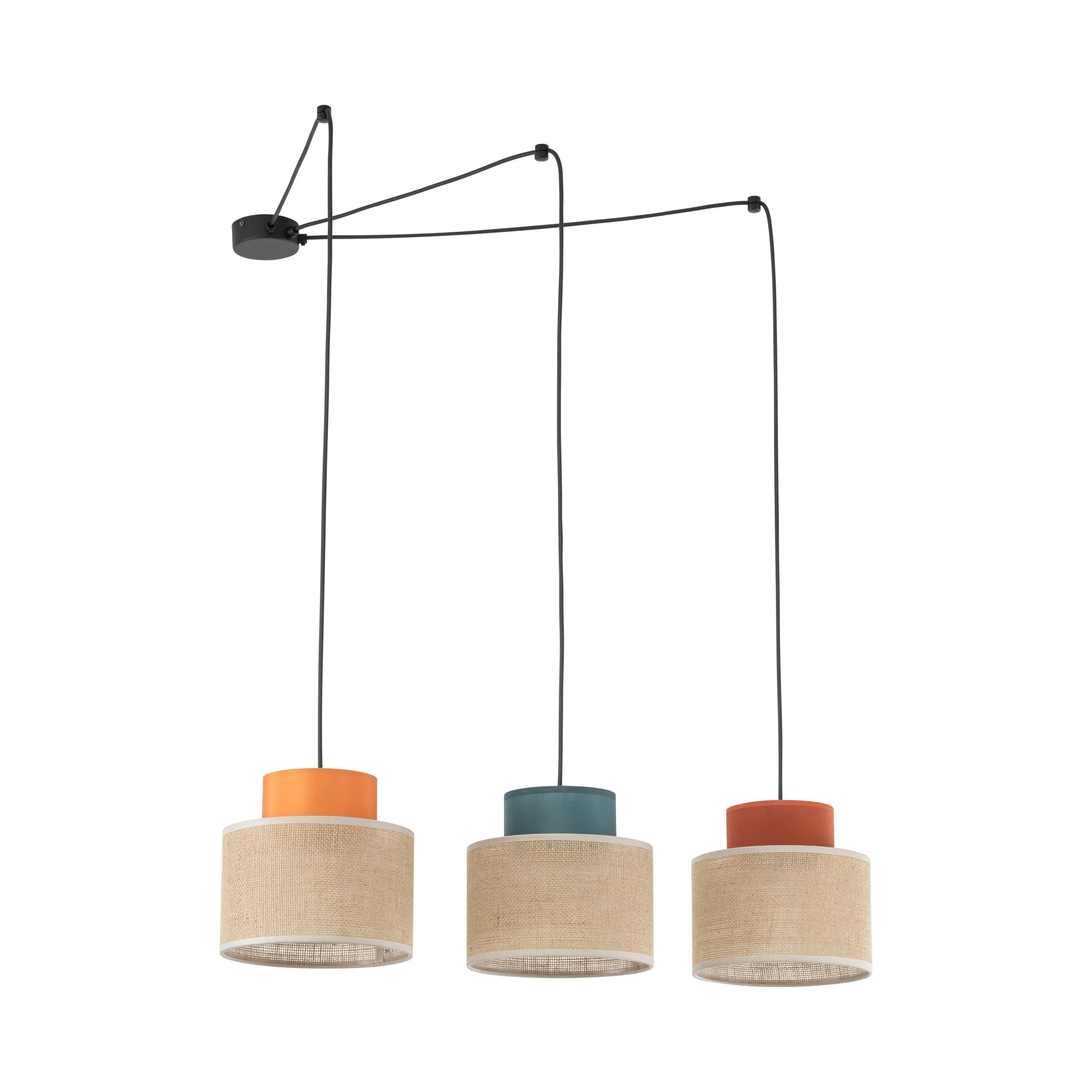 Lampa wisząca DUO JUTA MIX czarna z brązowymi kloszami z tkaniny różnokolorowe ceglane pomarańczowe niebieskie elementy dodatkowe podwieszenia 120x100x80cm