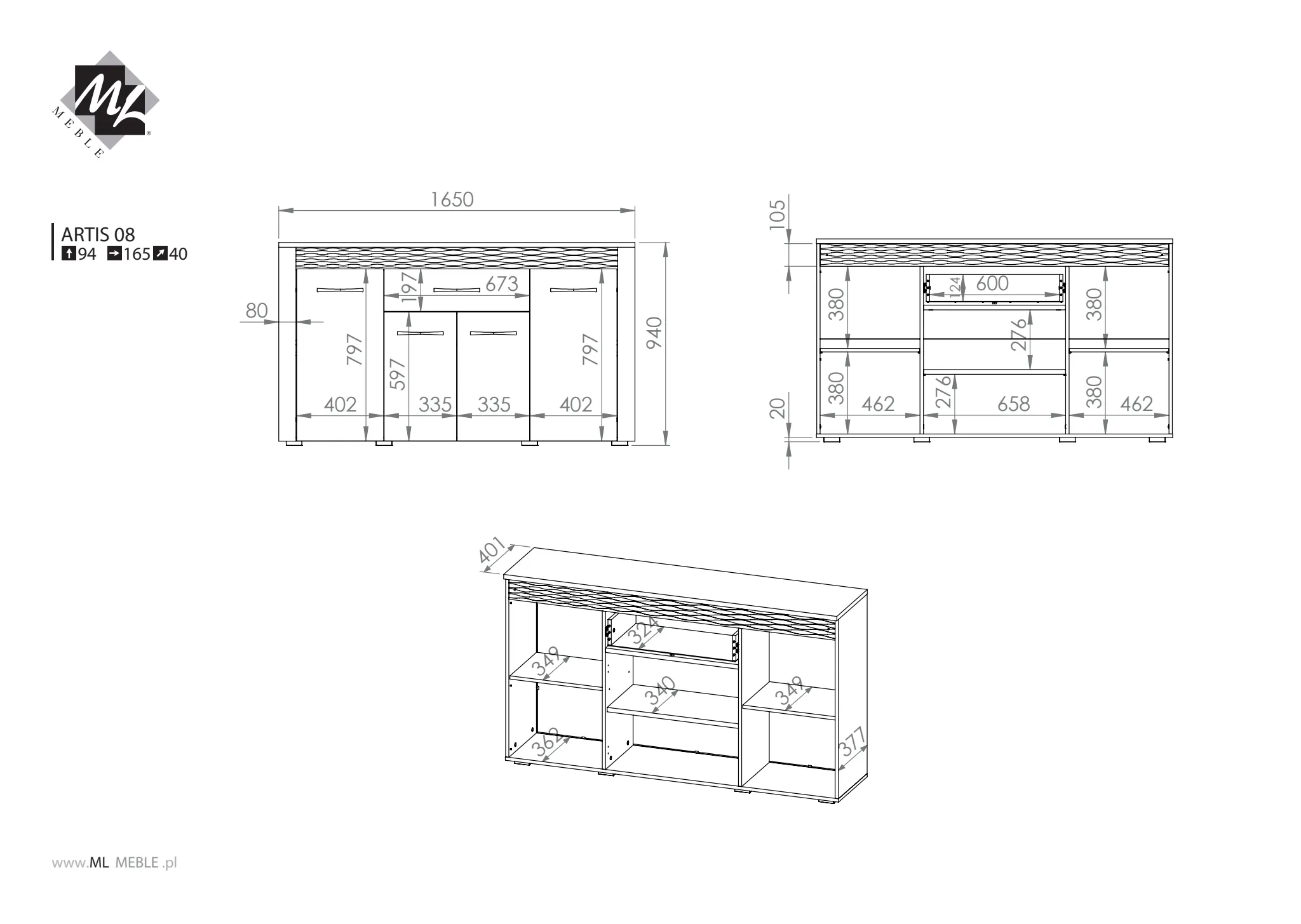 Komoda 4-drzwiowa z szufladą ARTIS 08 z oświetleniem, dąb artisan - 1ARTI08-001