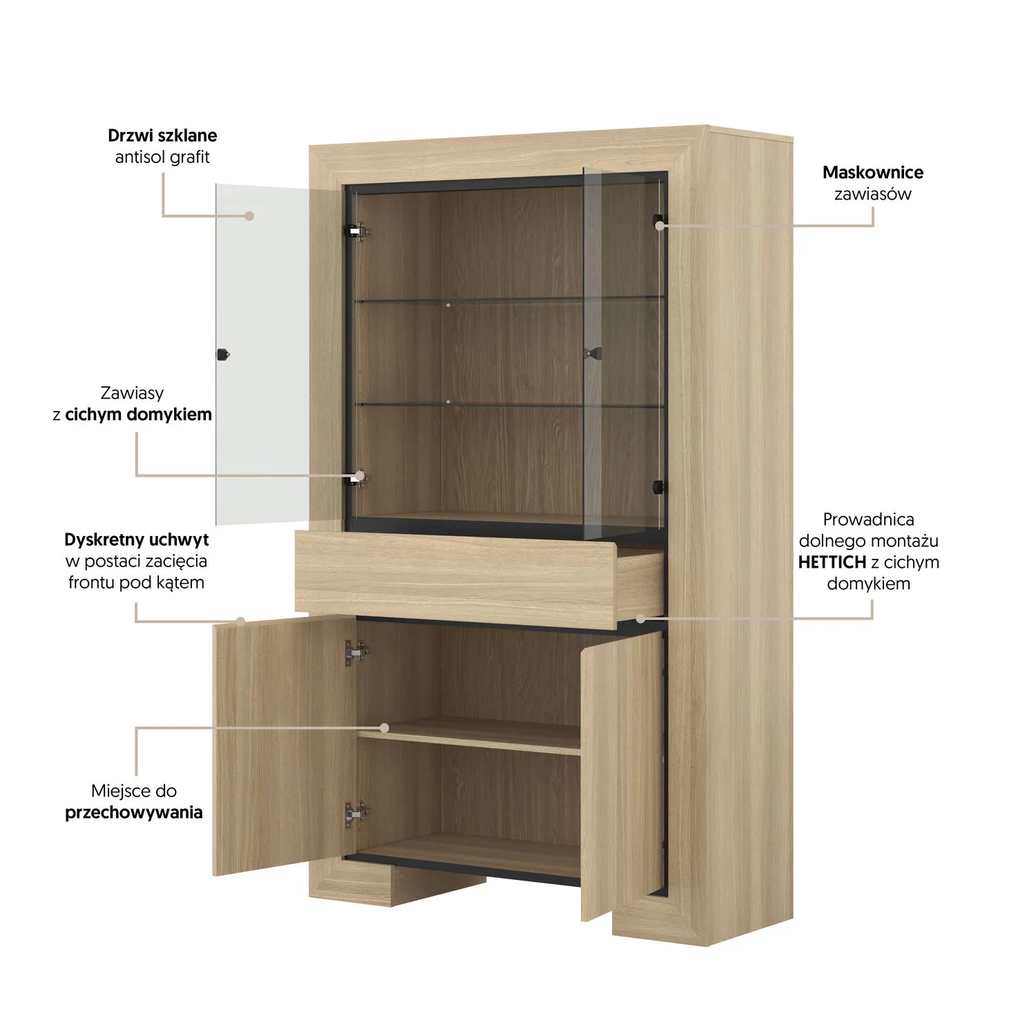 Witryna 4-drzwiowa z szufladą szklana CUBA II 113x185 dąb samdal - 24DEOC13