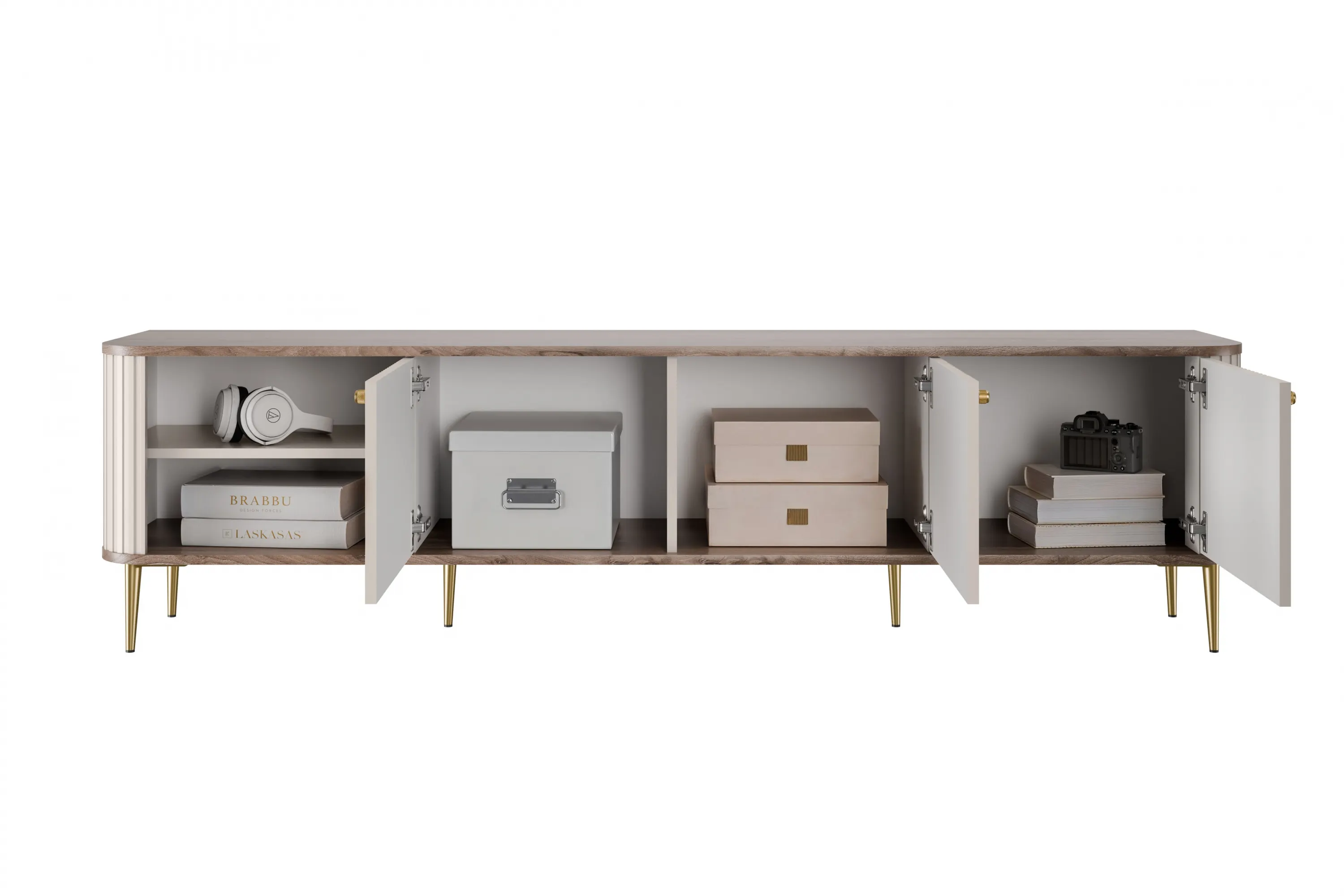 Szafka RTV 3-drzwiowa VESPER RTV 187 ryflowany front cashmere orzech złote nogi - B_163670