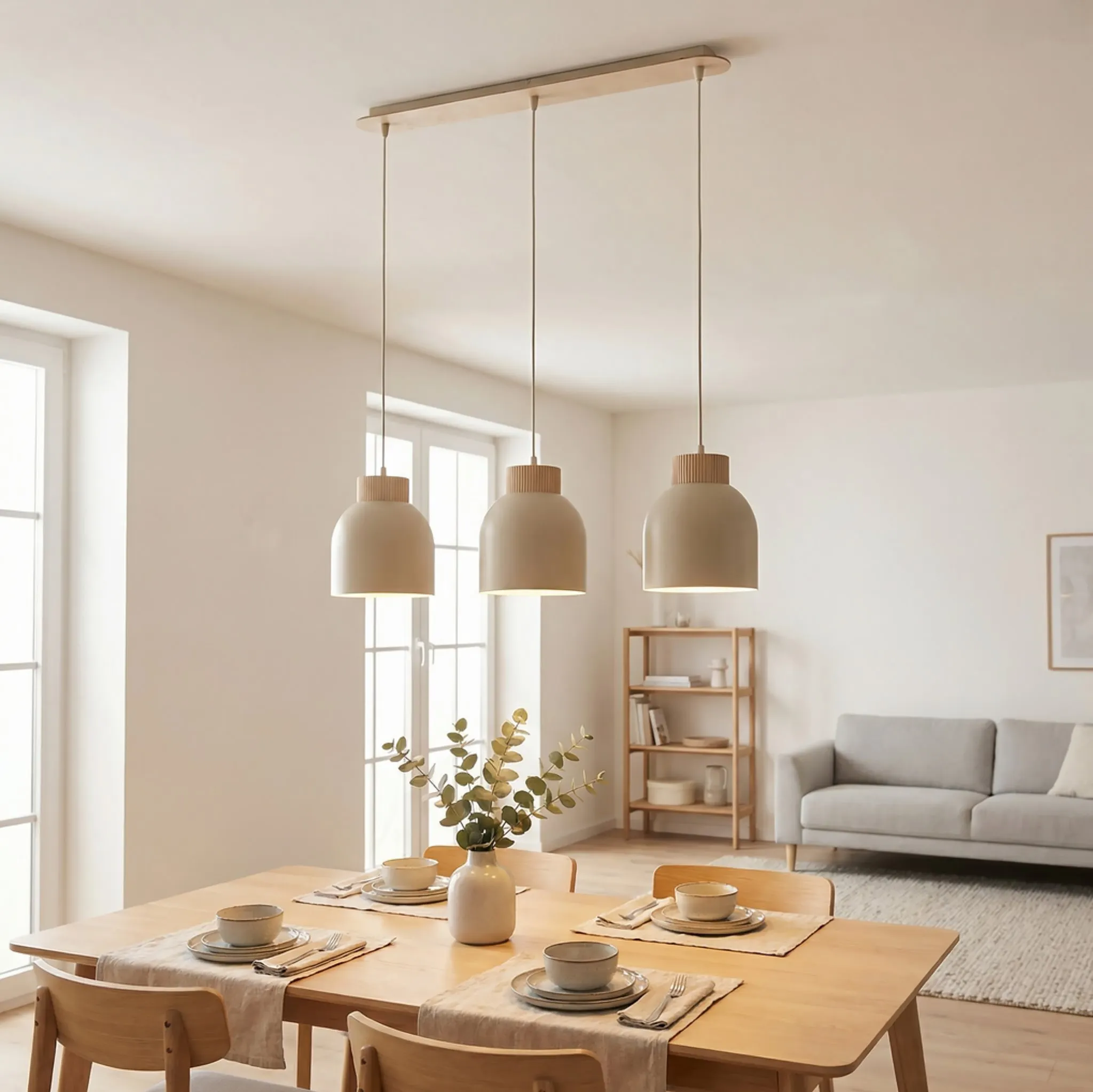 image lampy wiszące, kinkiety, jadalnia, drewniane, stół dekoracyjny
