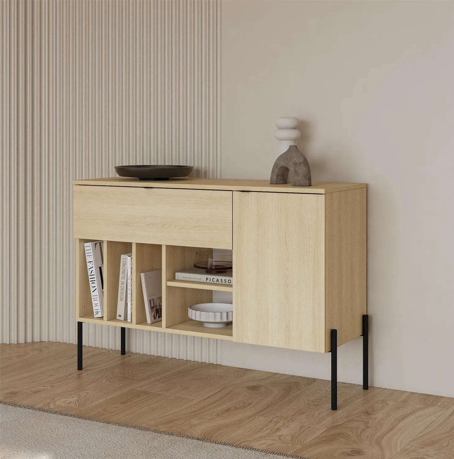 Komoda z szafką i szufladą ORE 105 cm dąb lindberg czarne nóżki - 24LGOG45