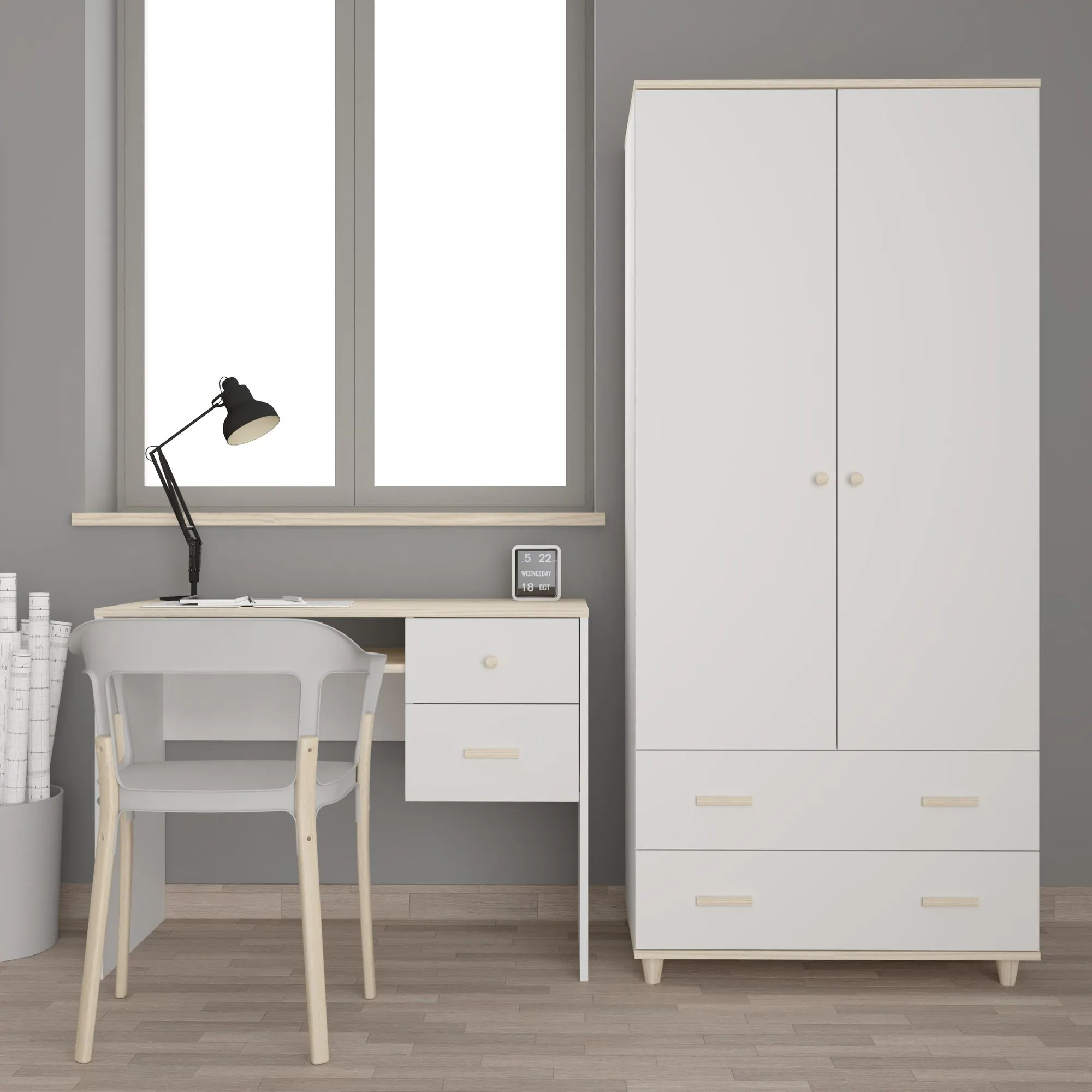 Szafa 2-drzwiowa z 2 szufladami i drążkiem GOODY drewniane uchwyty i nóżki biały akacja - INT_5002812