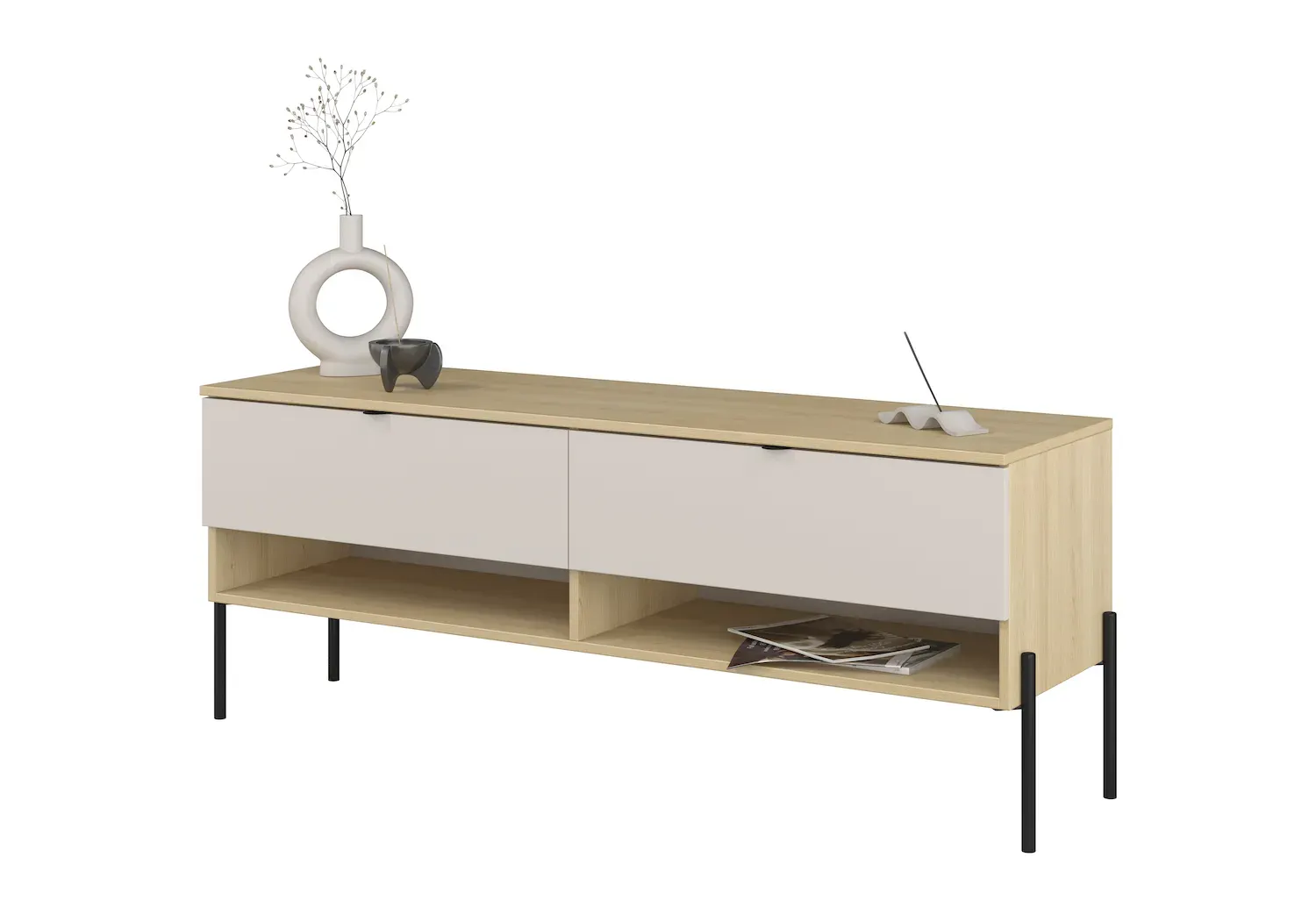 Szafka RTV z 2 szufladami ORE 140 cm dąb lindberg kaszmir czarne nóżki - 24LKOG41