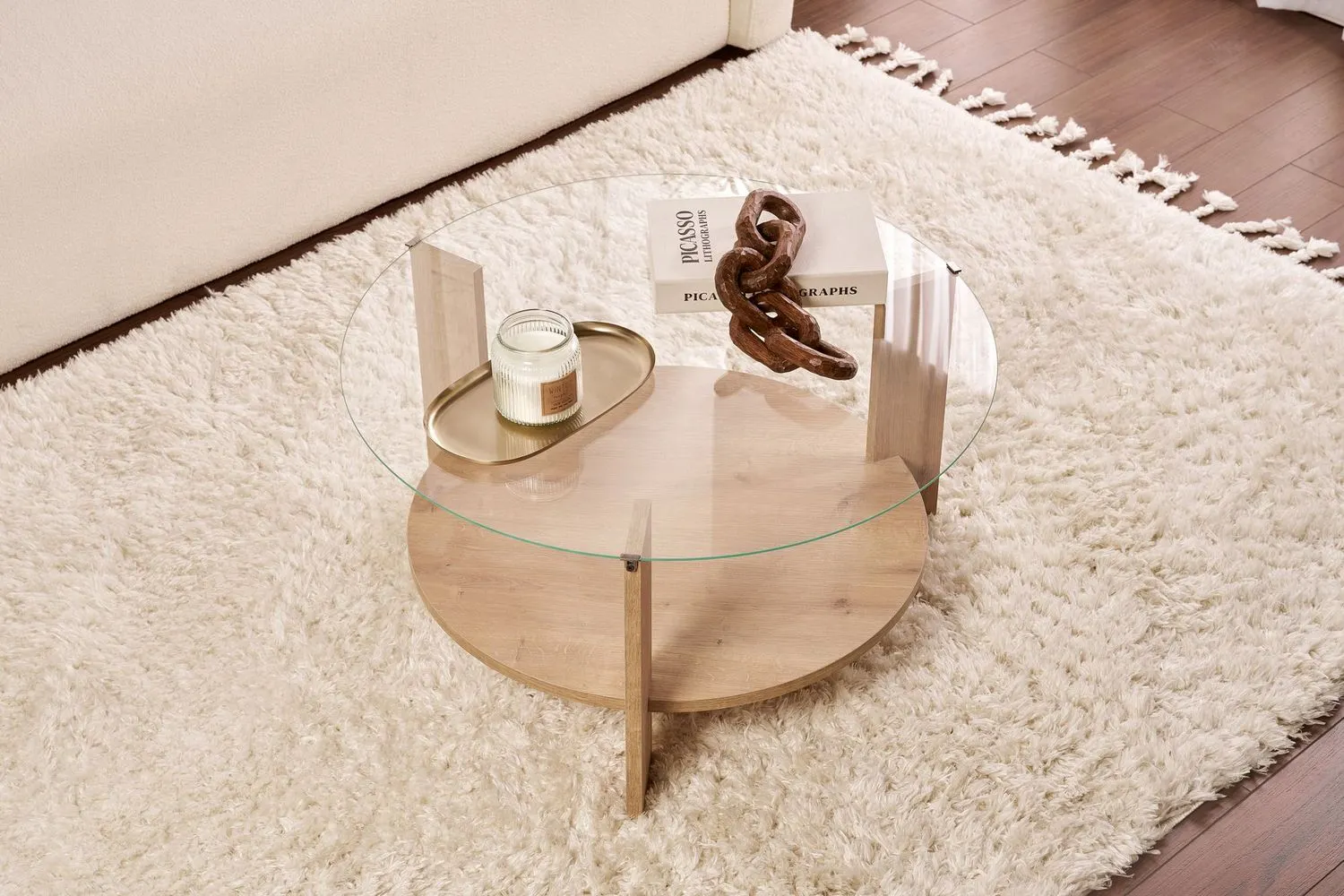 Stolik kawowy okrągły z półką CLARA 75 cm dąb sapphire blat transparentny — zdjęcie 4