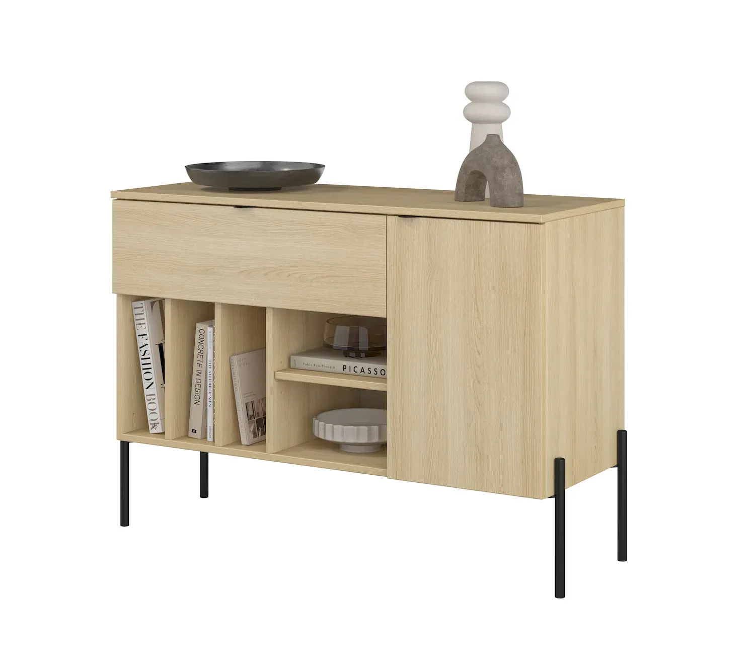 Komoda z szafką i szufladą ORE 105 cm dąb lindberg czarne nóżki - 24LGOG45