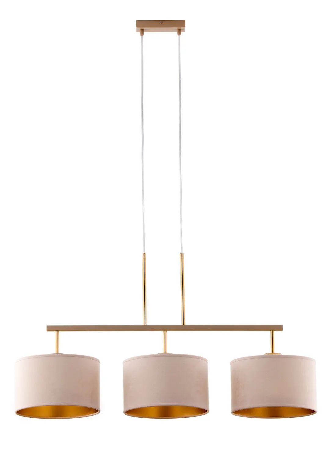 image lampa wisząca, trzy klosze, kolor beżowy, metalowy uchwyt, szeroki blat