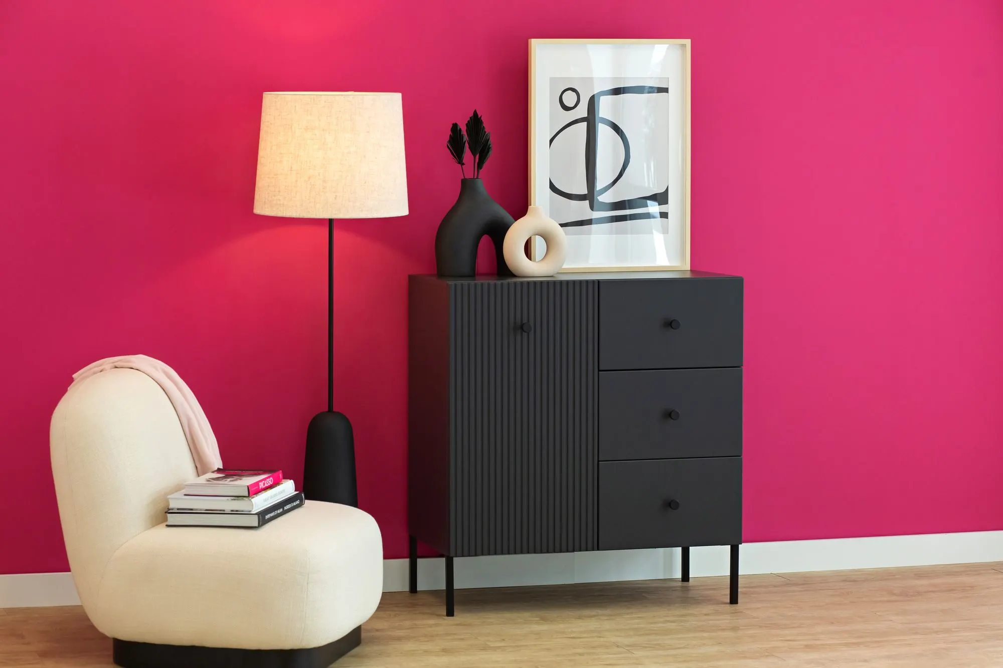 Komoda 1-drzwiowa z 3 szufladami VIENA ryflowany front antracyt - INT_5003201