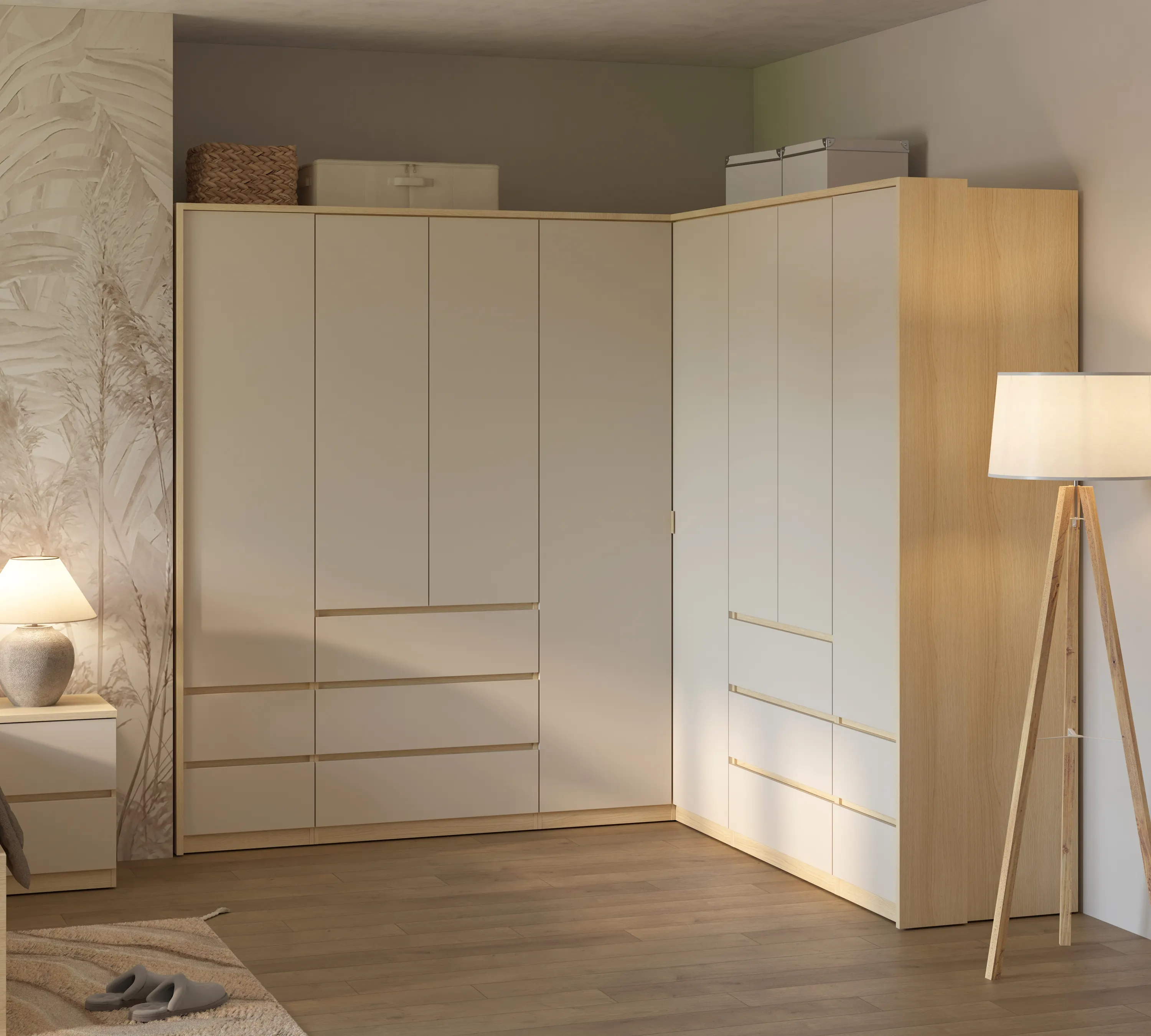 image szafa, garderoba, meble, lampka stojąca, podstawa drewniana